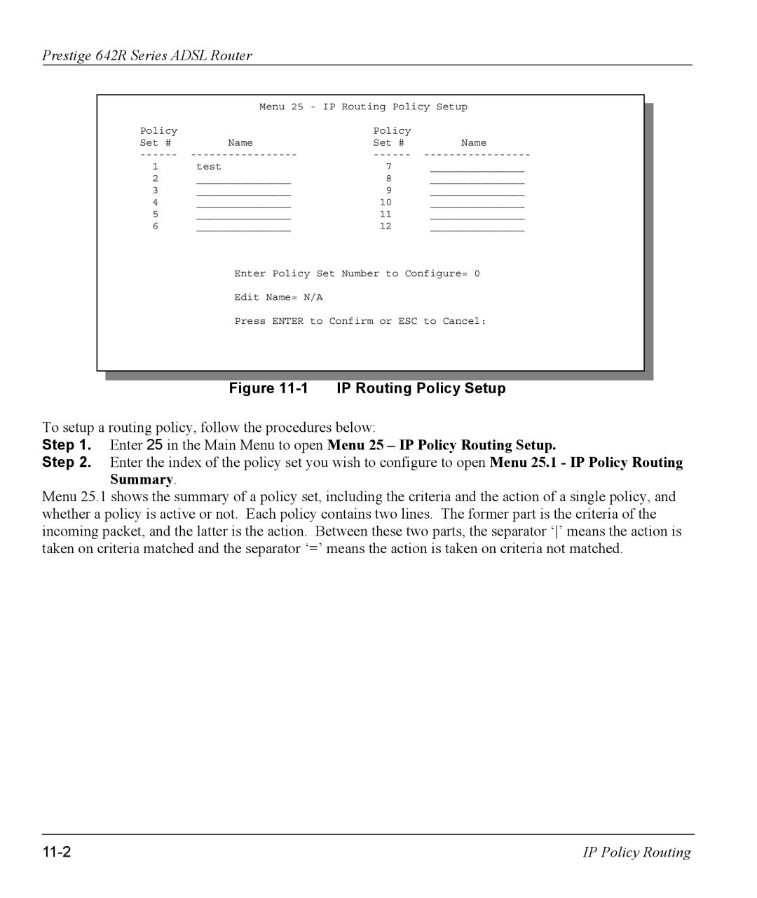 ZyXEL Communications 642R Series manual IP Routing Policy Setup, 11-2 