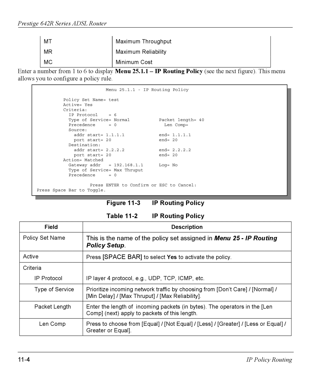 ZyXEL Communications 642R Series manual IP Routing Policy, 11-4 