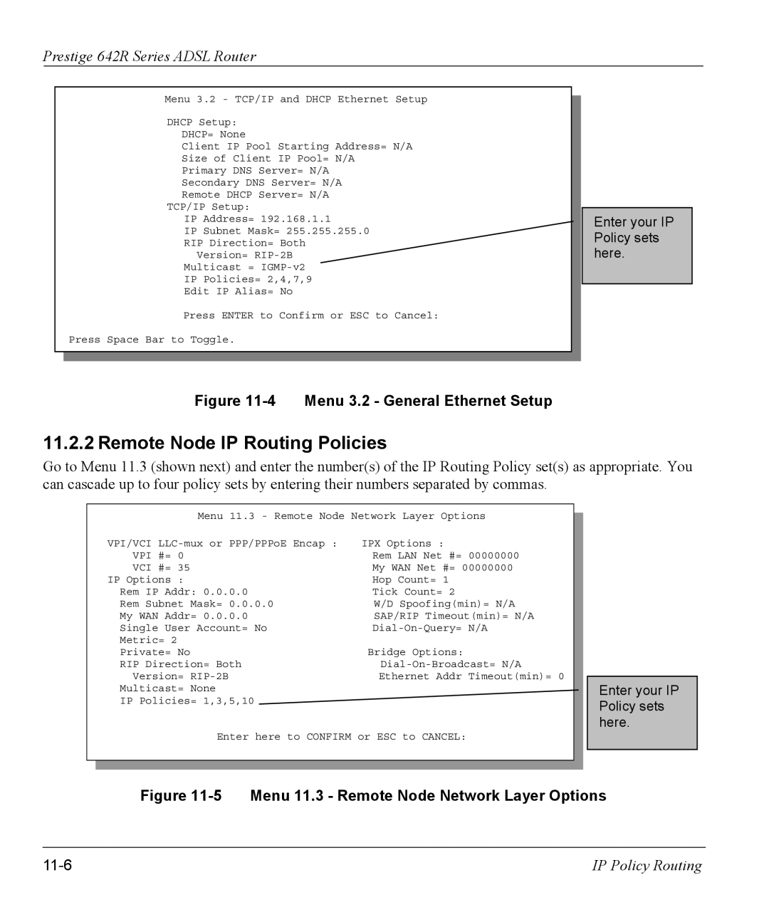 ZyXEL Communications 642R Series manual Remote Node IP Routing Policies, 11-6 