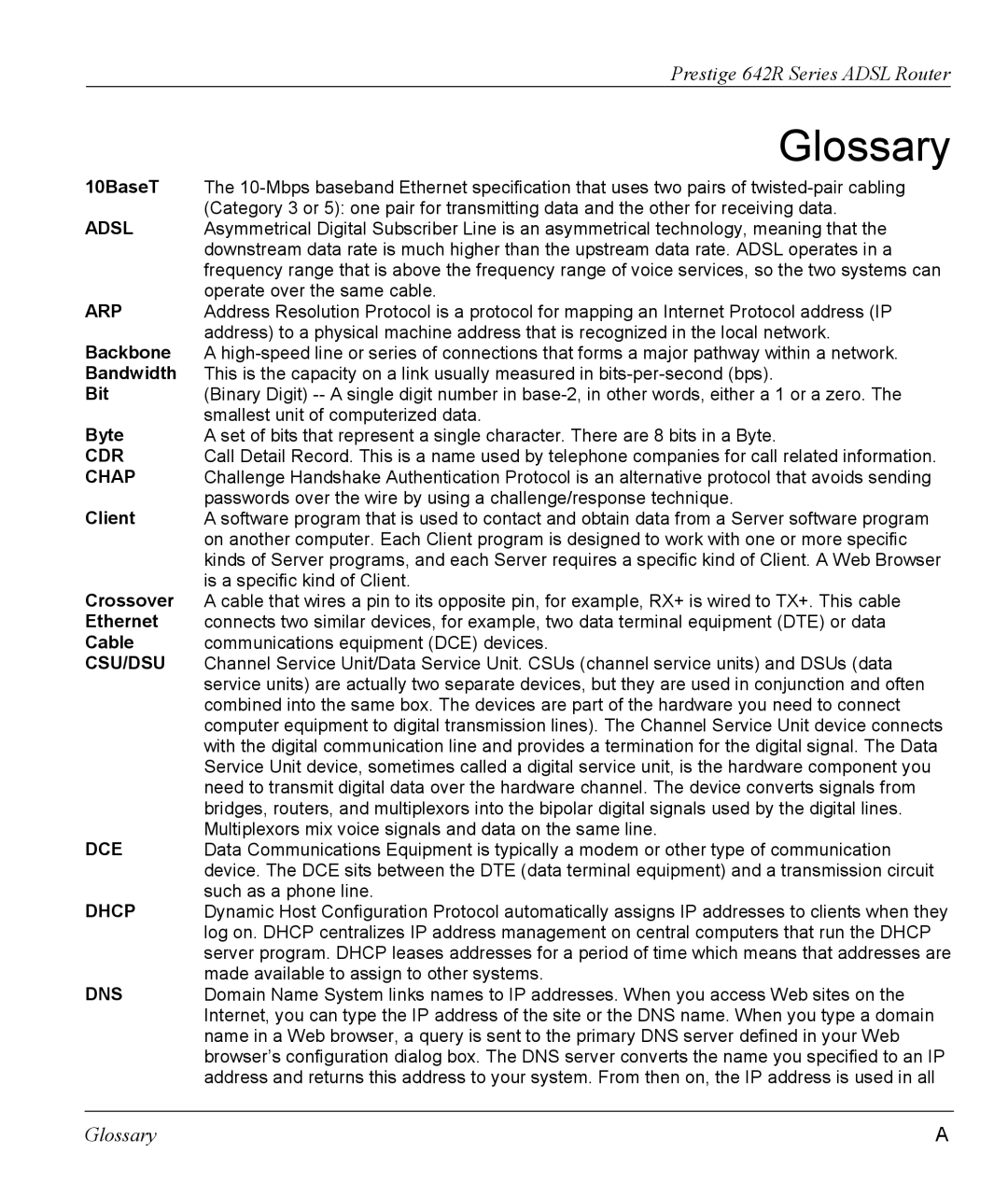 ZyXEL Communications 642R Series manual Glossary 