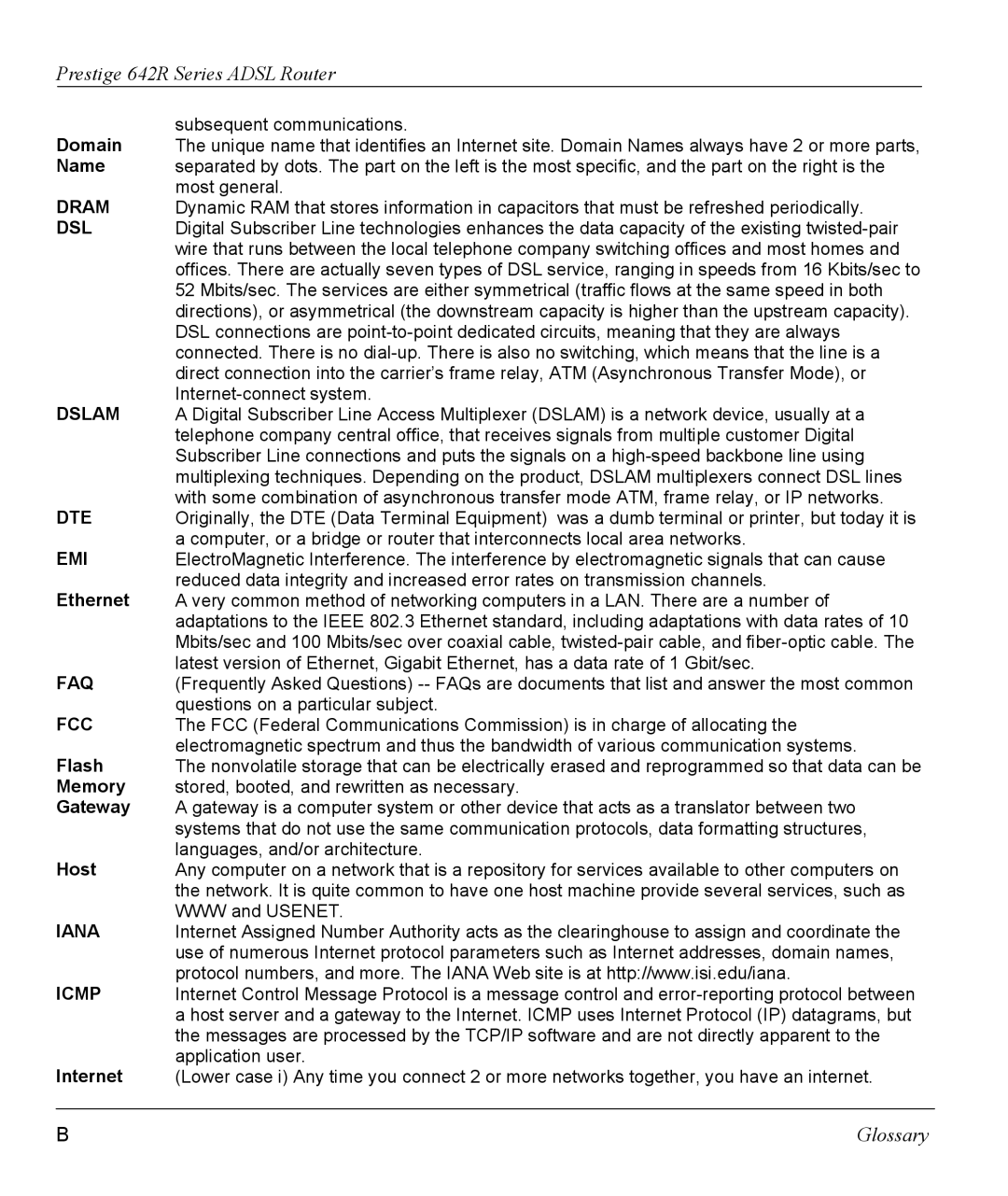 ZyXEL Communications 642R Series manual Dram, Dslam, Dte, Emi, Faq, Fcc, Iana, Icmp 