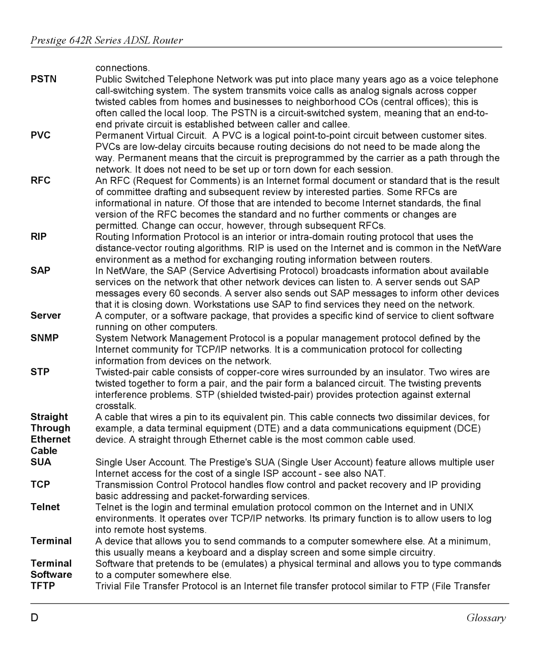 ZyXEL Communications 642R Series manual Pstn, Pvc, Rfc, Rip, Sap, Snmp, Stp, Sua, Tcp, Tftp 