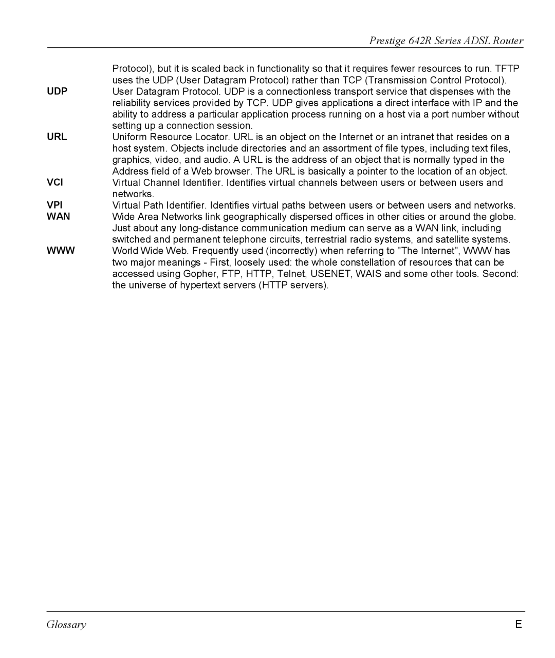 ZyXEL Communications 642R Series manual Udp, Url, Vci, Vpi, Wan 