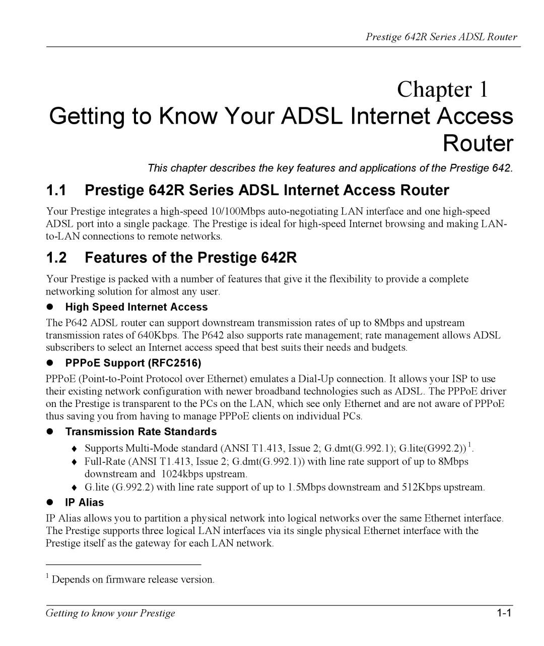 ZyXEL Communications 642R Series manual Getting to Know Your Adsl Internet Access Router, Features of the Prestige 642R 