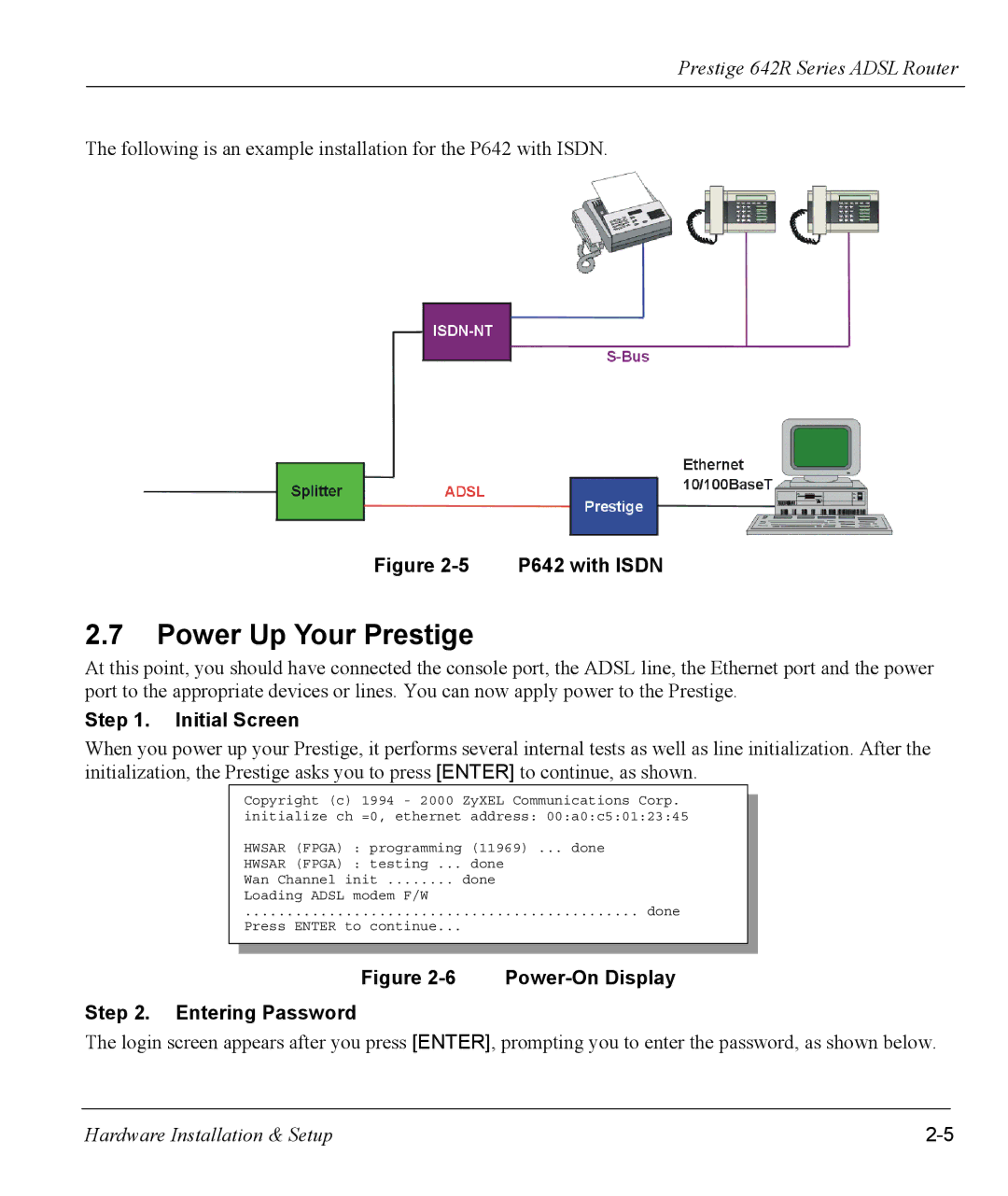 ZyXEL Communications 642R Series manual Power Up Your Prestige, Initial Screen 