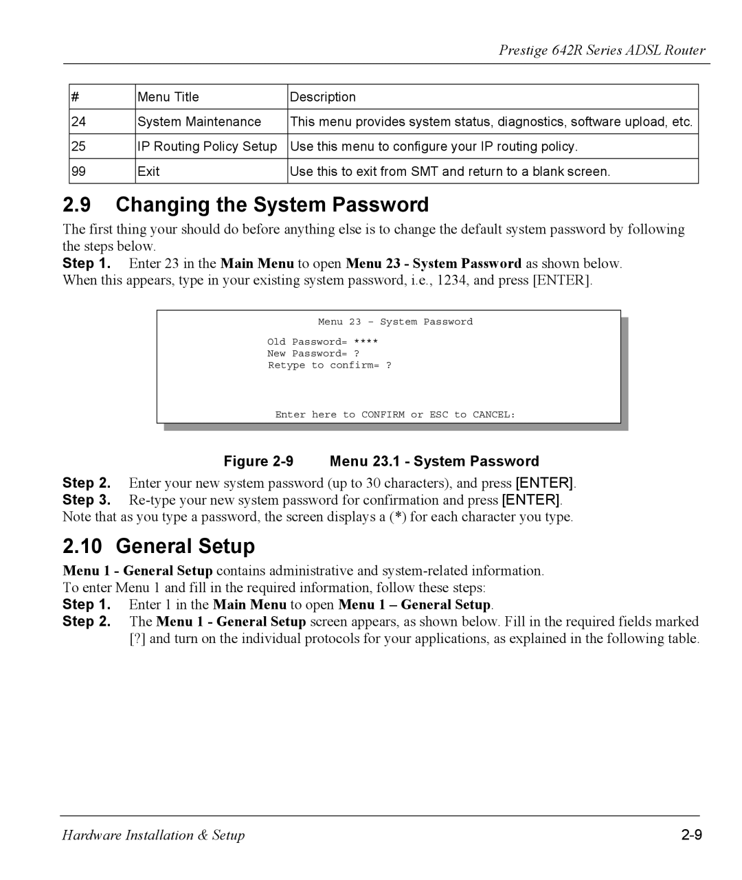 ZyXEL Communications 642R Series manual Changing the System Password, General Setup 