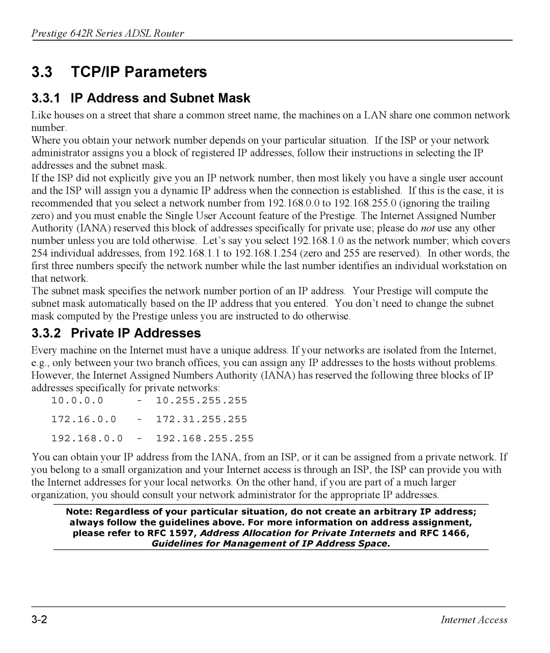 ZyXEL Communications 642R Series manual TCP/IP Parameters, IP Address and Subnet Mask, Private IP Addresses 