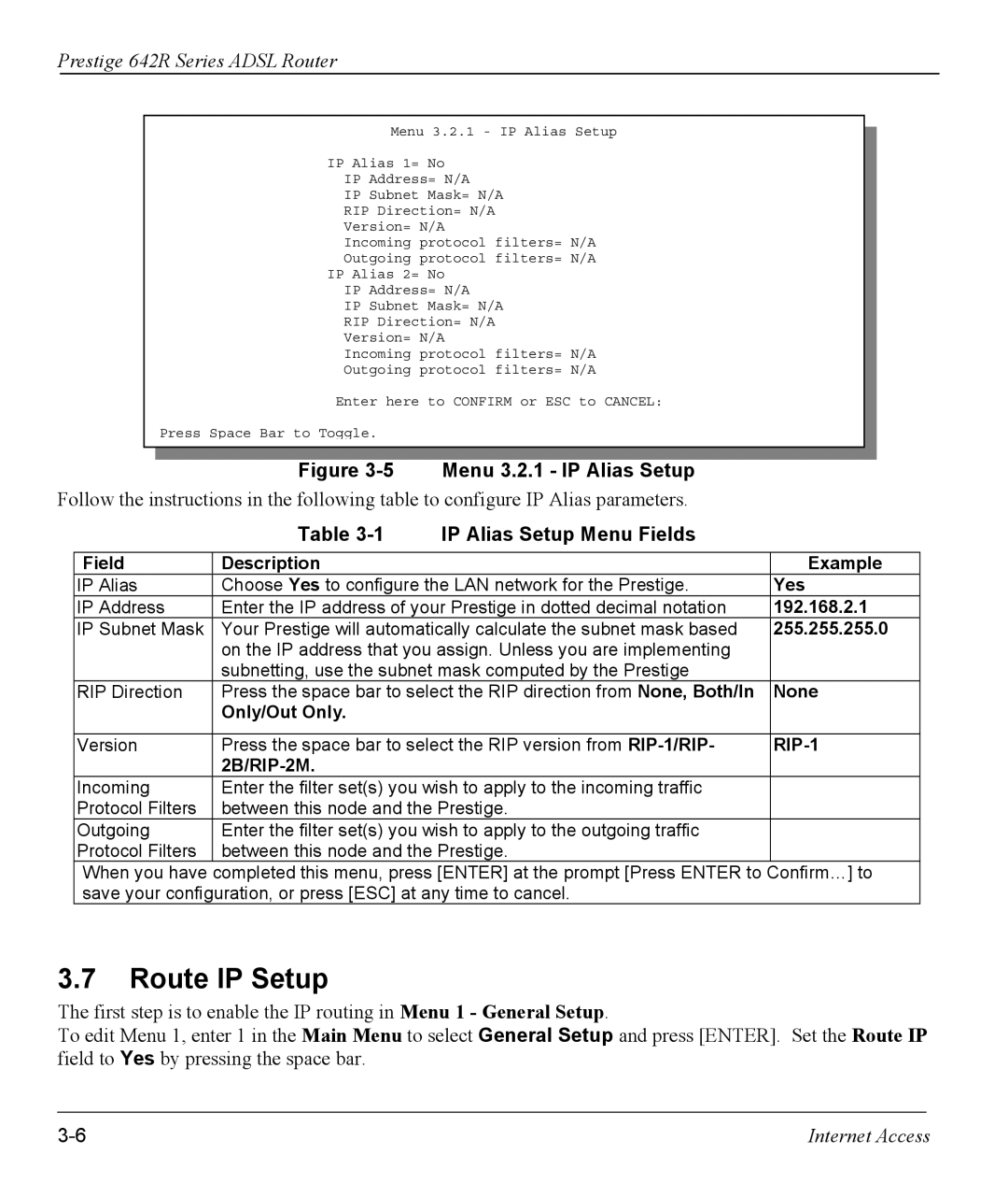 ZyXEL Communications 642R Series manual Route IP Setup, Menu 3.2.1 IP Alias Setup, IP Alias Setup Menu Fields, RIP-1 