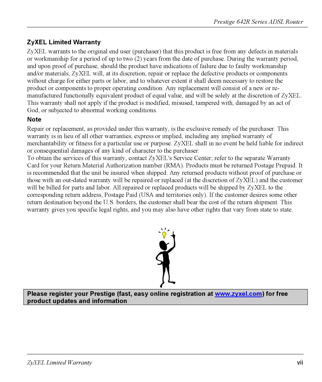 ZyXEL Communications 642R Series manual ZyXEL Limited Warranty, Vii 