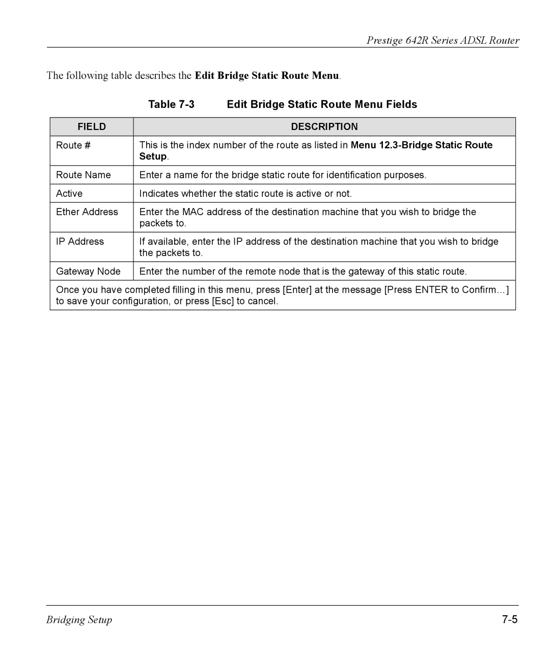 ZyXEL Communications 642R Series manual Edit Bridge Static Route Menu Fields, Setup 