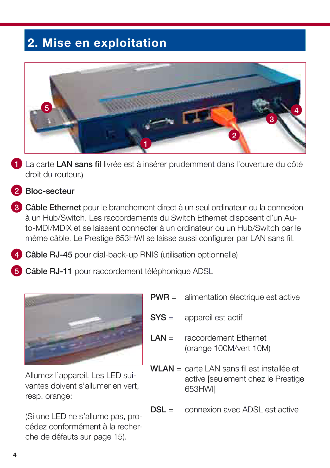 ZyXEL Communications 653HWI manual Mise en exploitation 