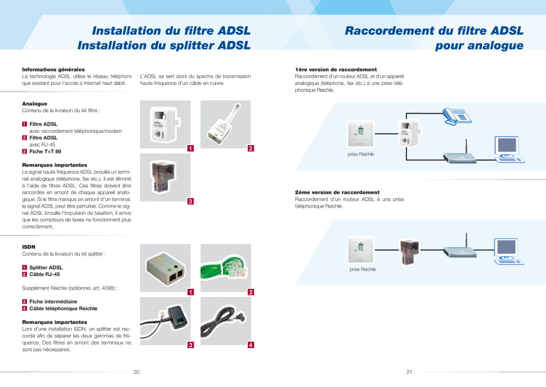 ZyXEL Communications 660H quick start Informations générales, Analogue, Filtre Adsl, Fiche T+T Remarques importantes 