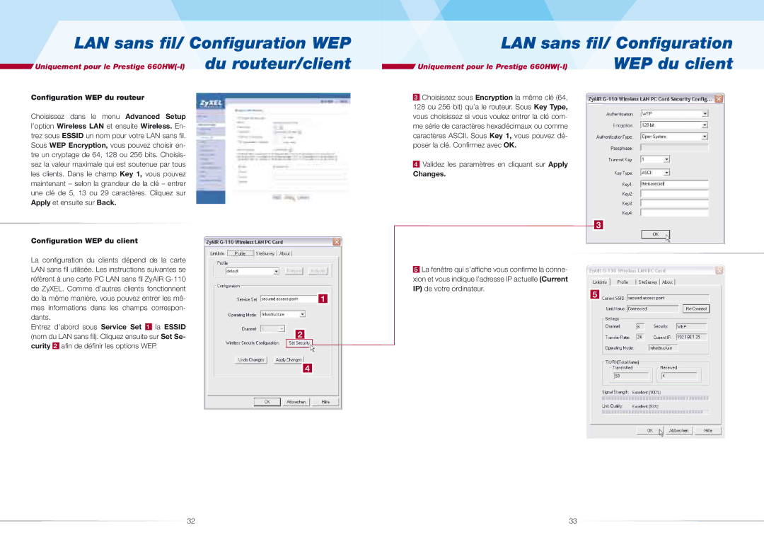 ZyXEL Communications 660H quick start LAN sans ﬁl/ Conﬁguration WEP, WEP du client, Conﬁguration WEP du routeur 