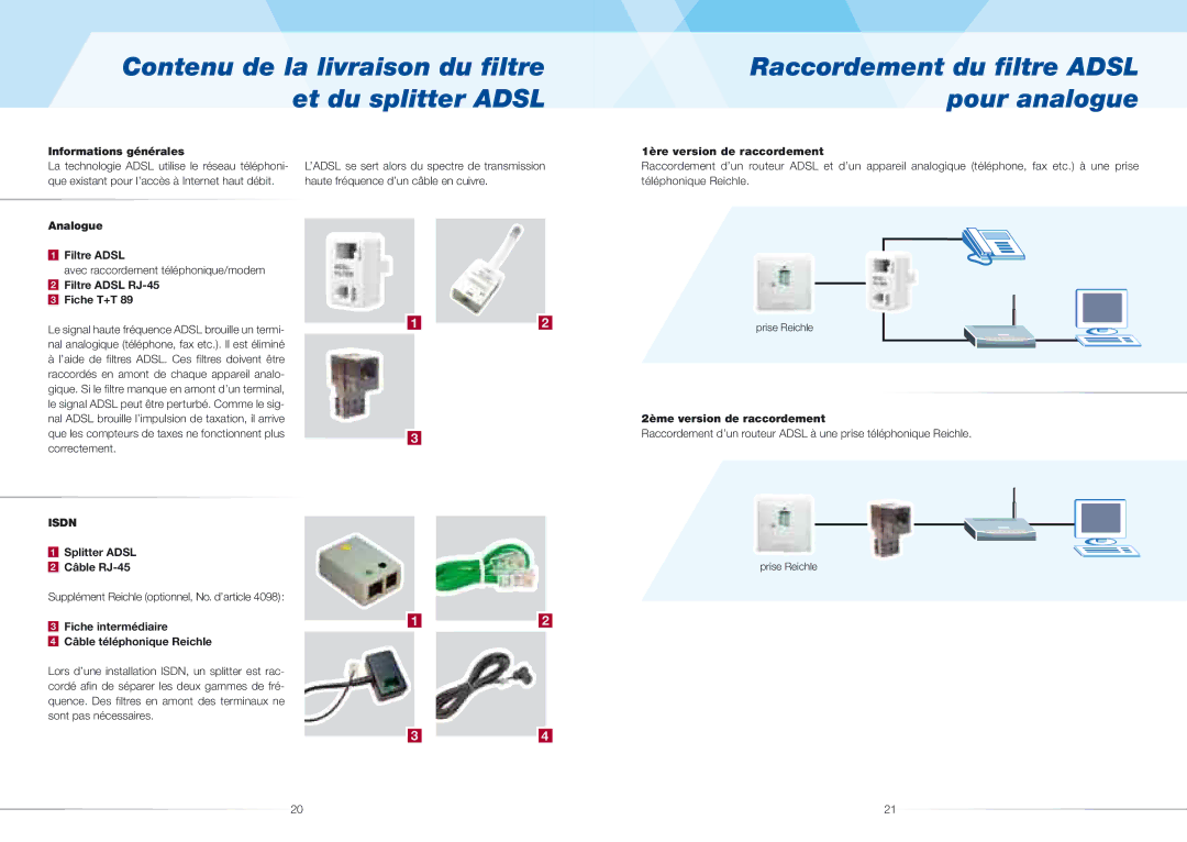 ZyXEL Communications 661H/HW(-I), 660H/HW(-I) Informations générales, Analogue Filtre Adsl, Filtre Adsl RJ-45 Fiche T+T 