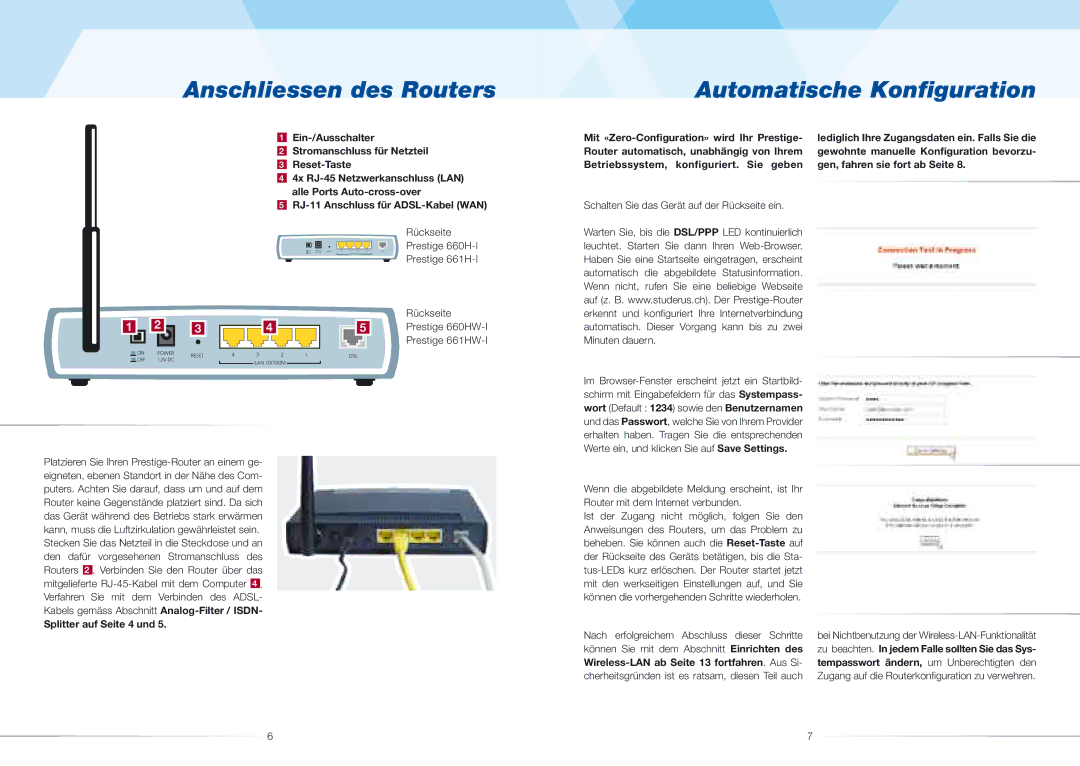 ZyXEL Communications 660H/HW(-I), 661H/HW(-I) quick start Automatische Konﬁguration, Splitter auf Seite 4 und 