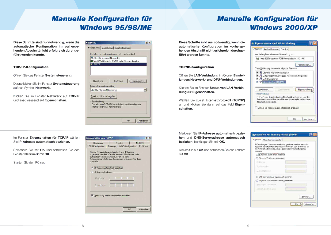 ZyXEL Communications 661H/HW(-I) Manuelle Konﬁguration für Windows 95/98/ME, Manuelle Konﬁguration für Windows 2000/XP 