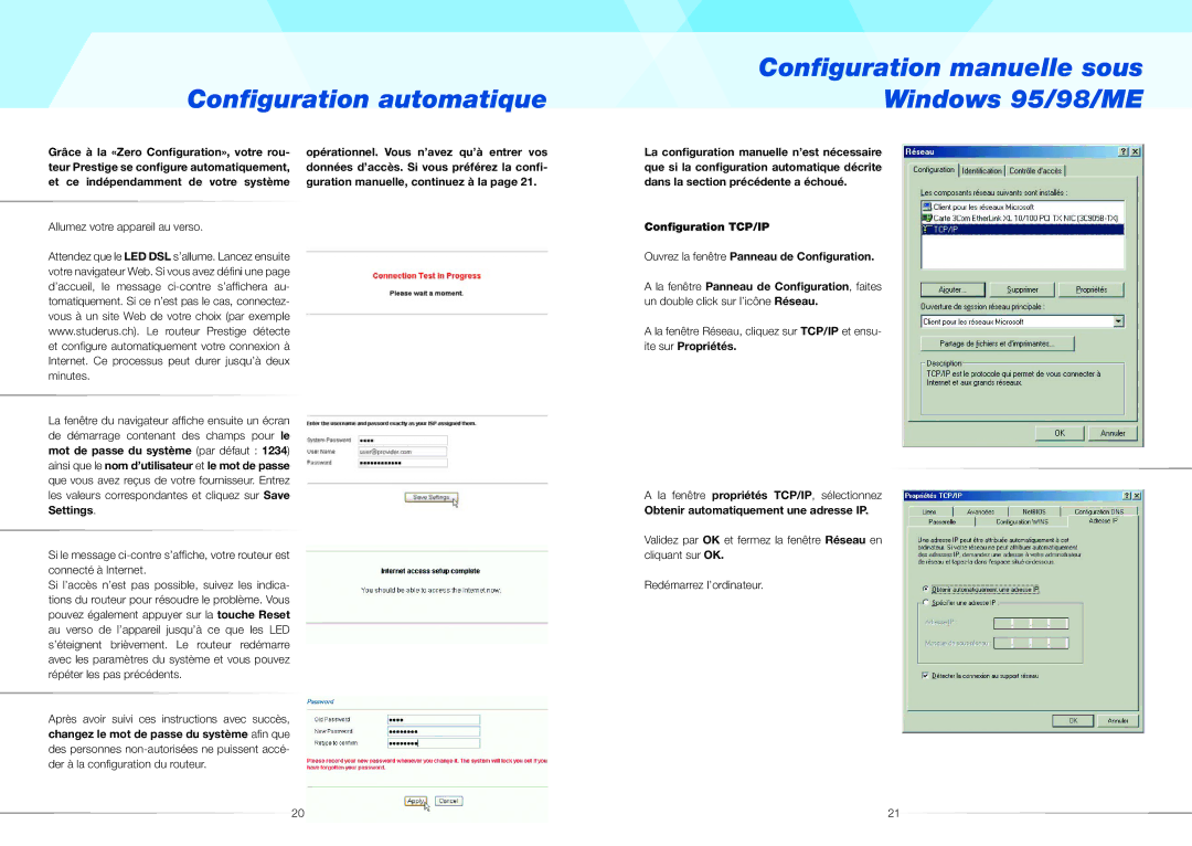 ZyXEL Communications 660R quick start Conﬁguration automatique, Conﬁguration manuelle sous Windows 95/98/ME 