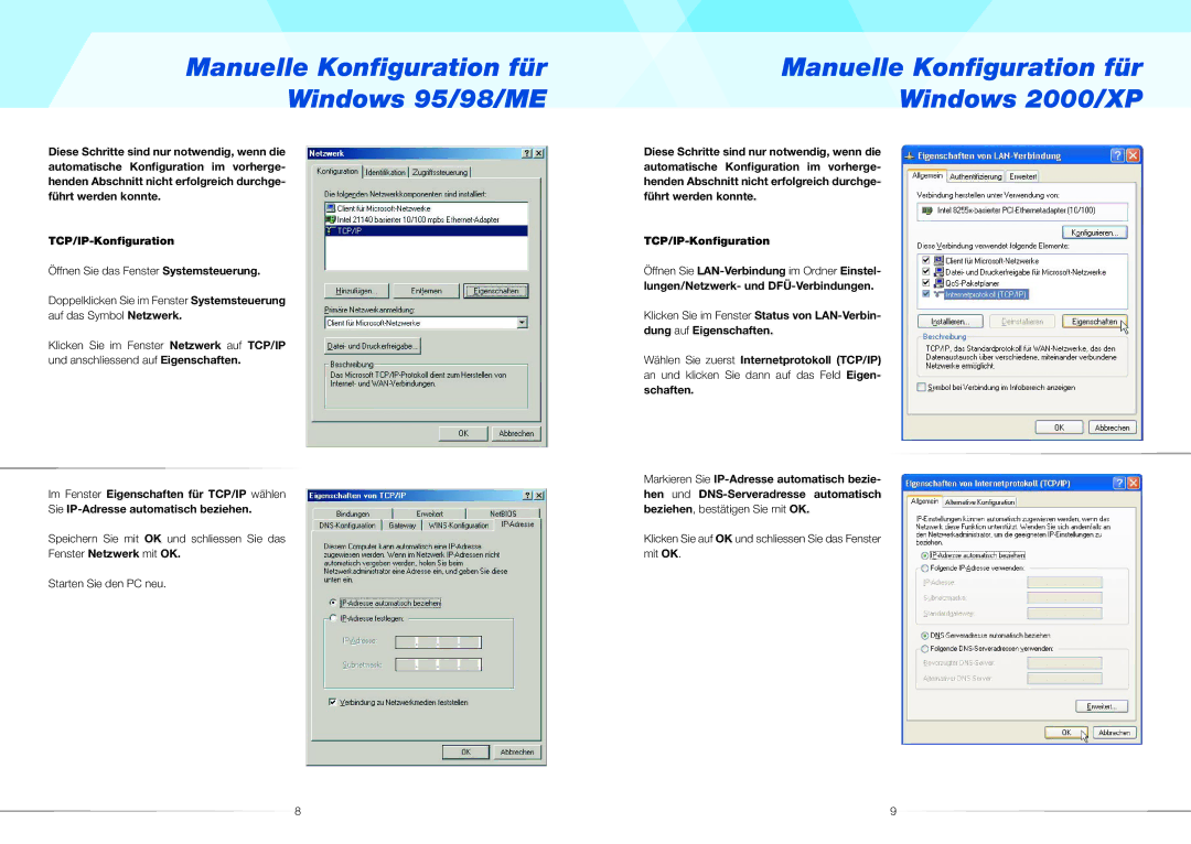 ZyXEL Communications 660R quick start Manuelle Konﬁguration für Windows 95/98/ME, Manuelle Konﬁguration für Windows 2000/XP 