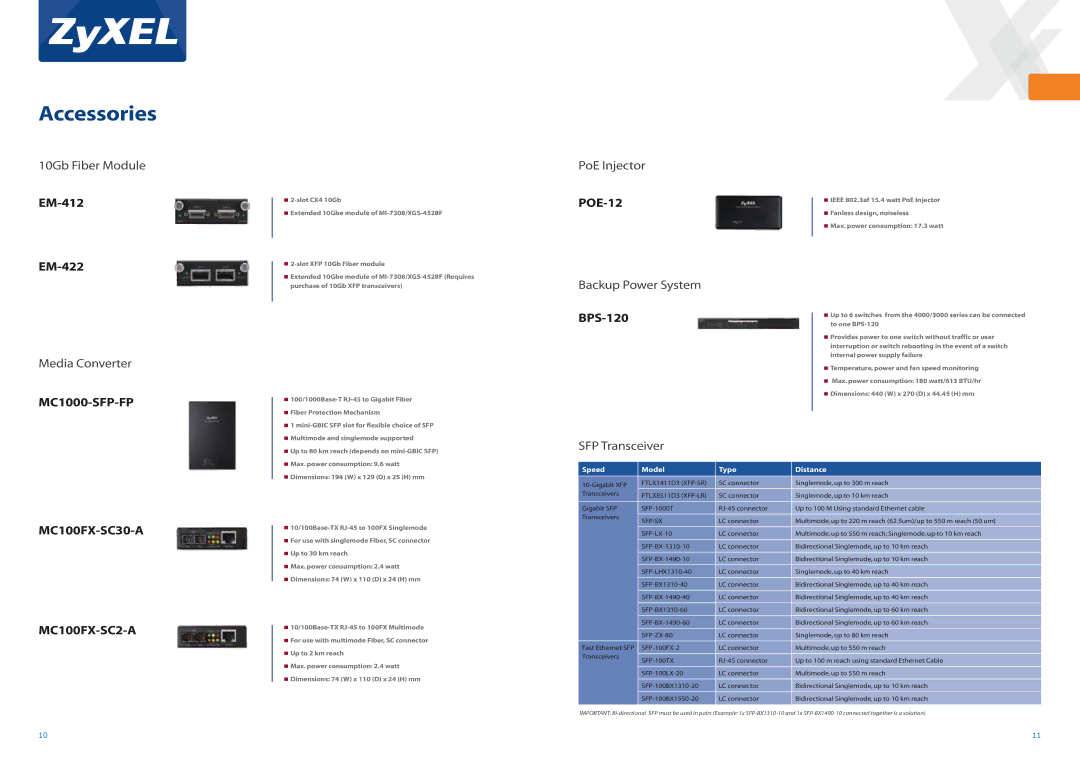 ZyXEL Communications 7000 Series, 2000 Series, 2200 Series, 4500 Series manual Accessories, Speed Model Type Distance, Sfp-Sx 