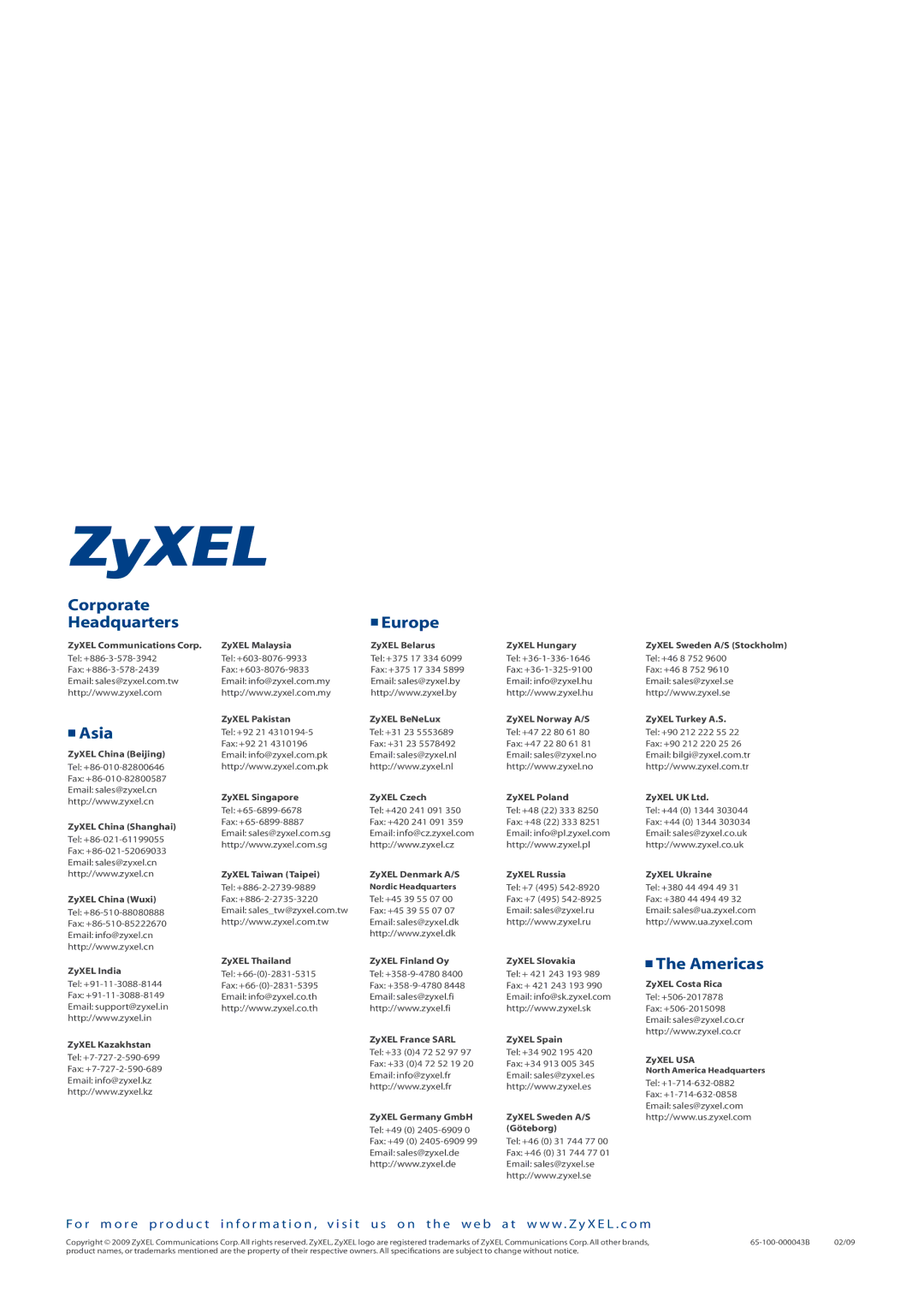 ZyXEL Communications 2000 Series, 7000 Series, 2200 Series, 4500 Series, 4000 Series, 1500 Series manual Corporate Headquarters 