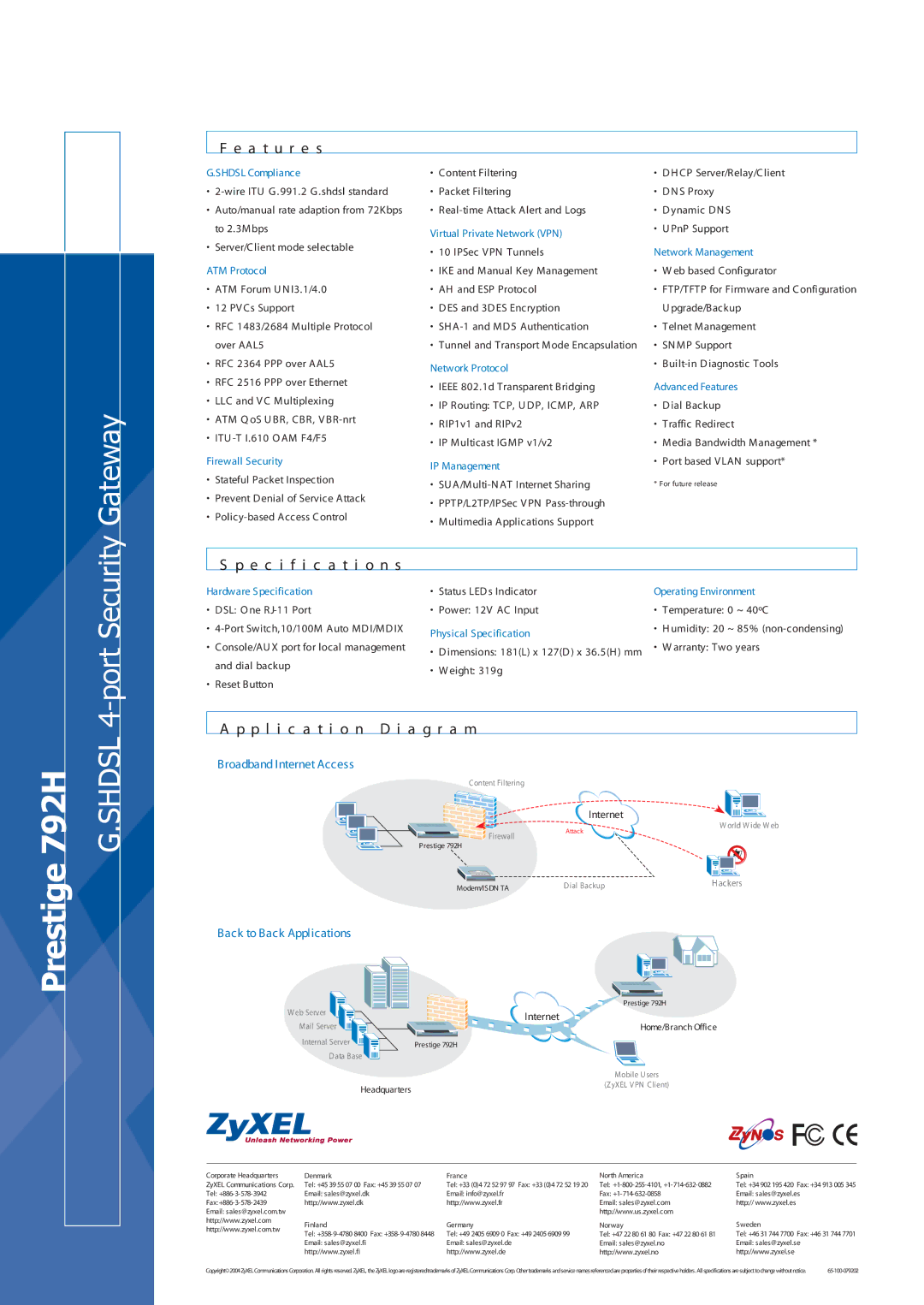 ZyXEL Communications 792H manual Gateway, Port Security, A t u r e s, Specification s 