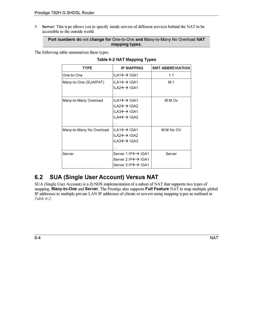 ZyXEL Communications 792H manual SUA Single User Account Versus NAT, Mapping types, NAT Mapping Types 