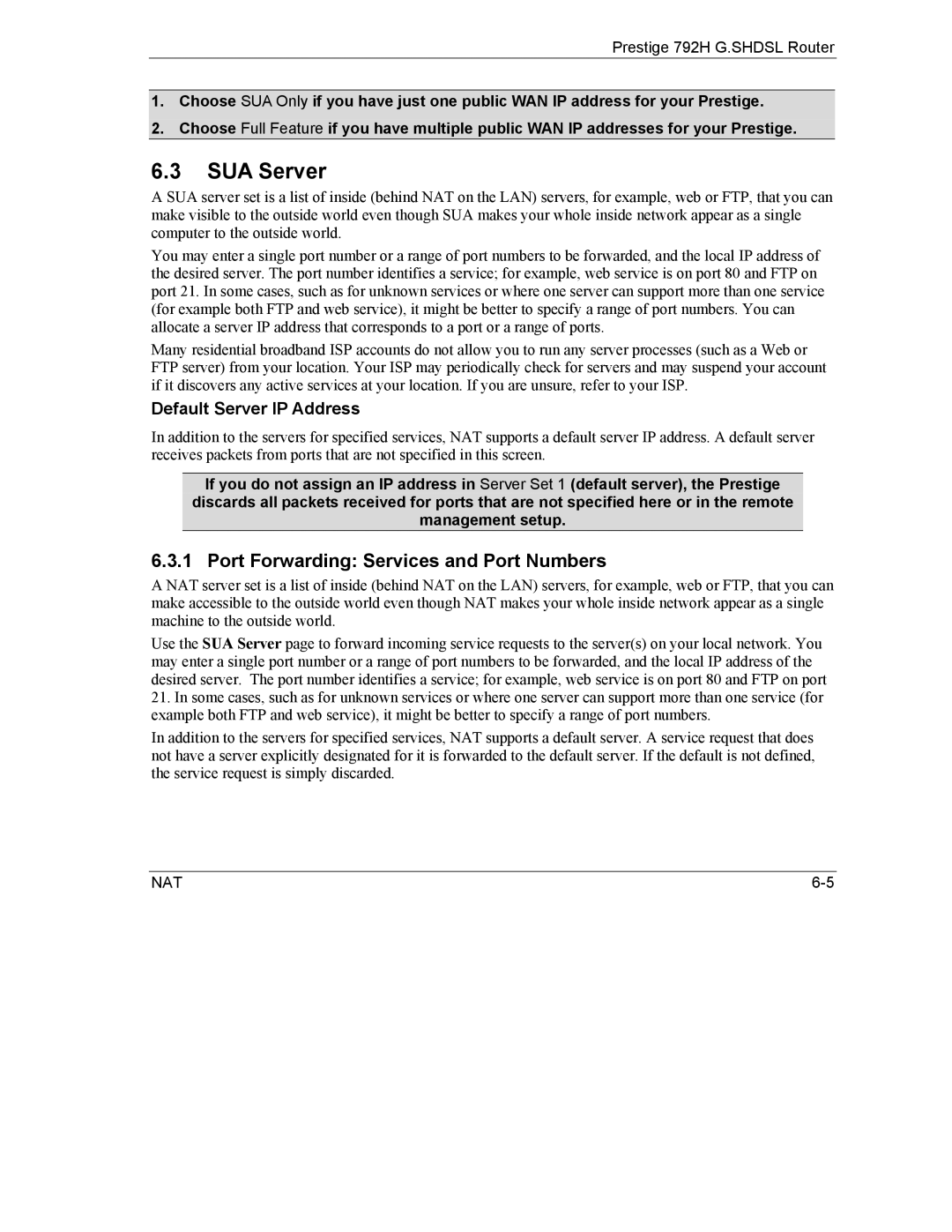 ZyXEL Communications 792H manual SUA Server, Port Forwarding Services and Port Numbers 