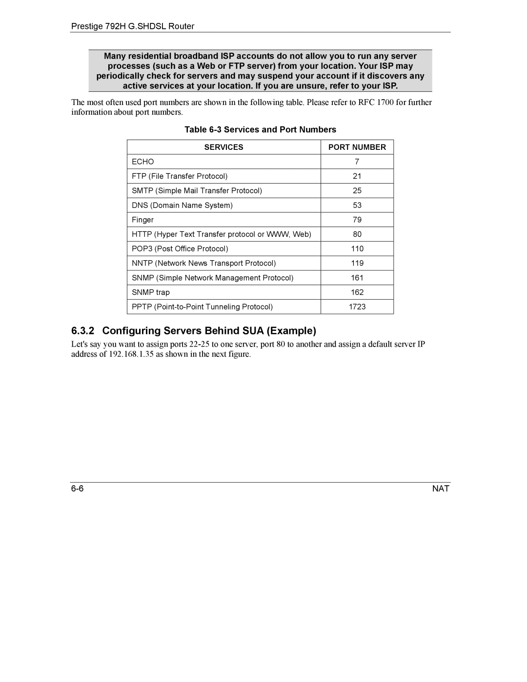 ZyXEL Communications 792H Configuring Servers Behind SUA Example, Services and Port Numbers, Services Port Number, Echo 