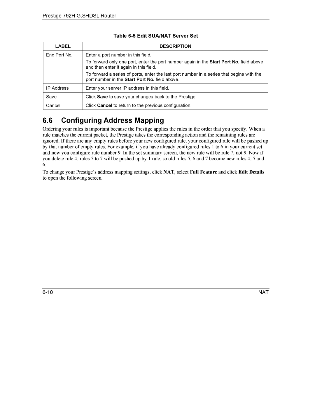 ZyXEL Communications 792H manual Configuring Address Mapping 