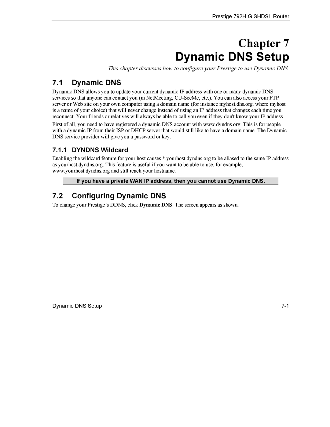 ZyXEL Communications 792H manual Dynamic DNS Setup, Configuring Dynamic DNS, Dyndns Wildcard 