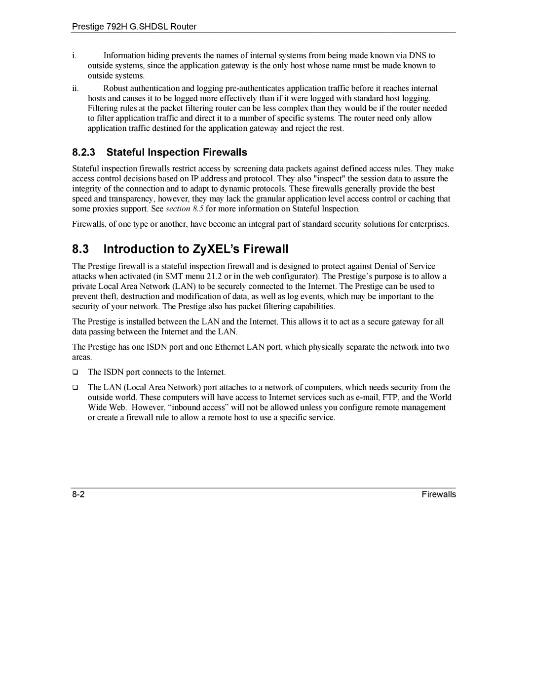 ZyXEL Communications 792H manual Introduction to ZyXEL’s Firewall, Stateful Inspection Firewalls 