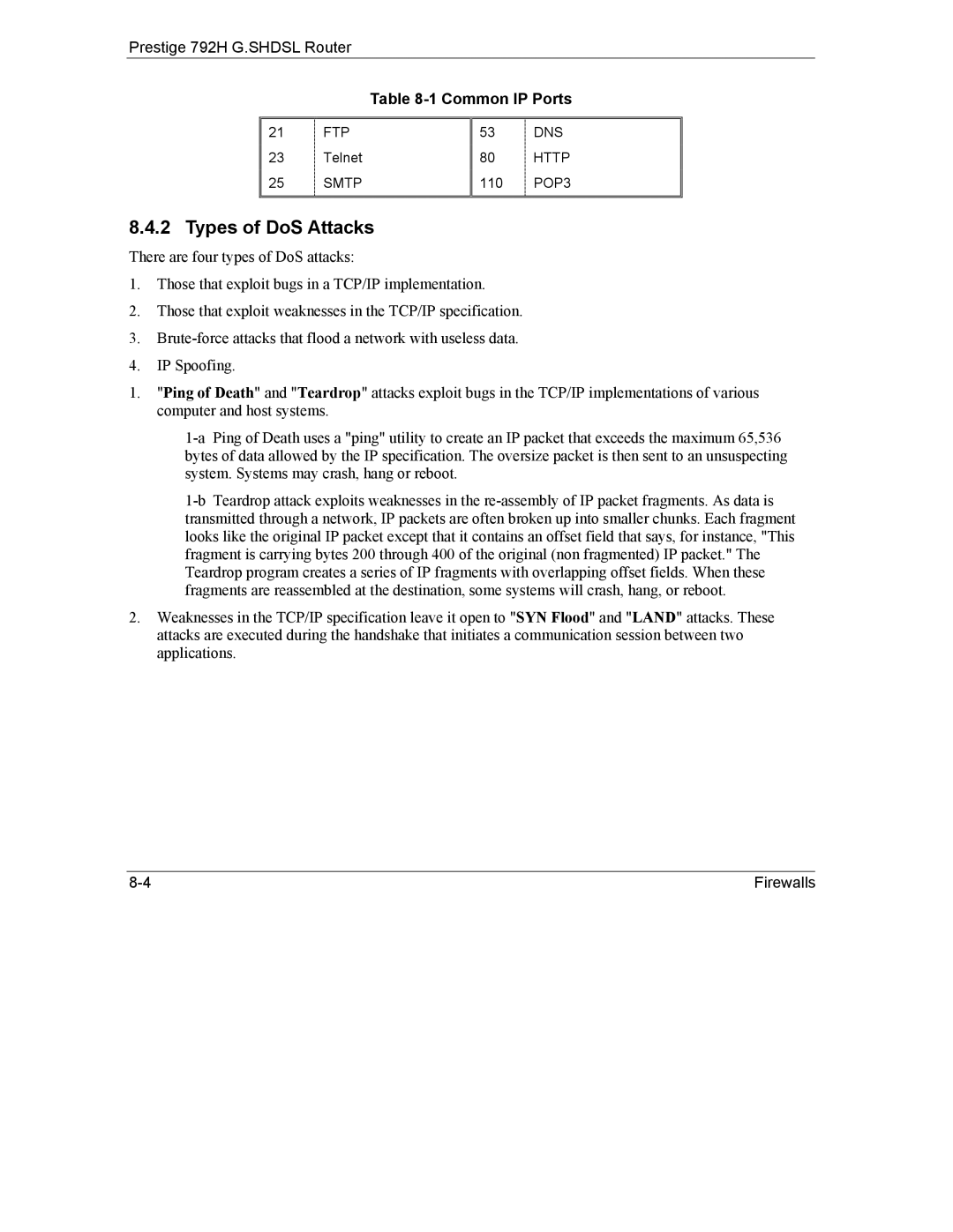 ZyXEL Communications 792H manual Types of DoS Attacks, Common IP Ports 