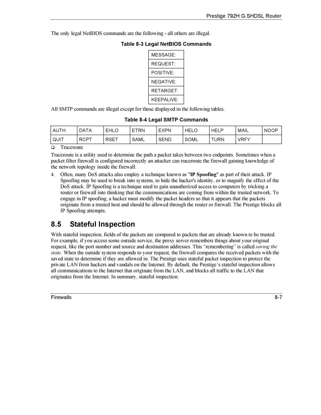 ZyXEL Communications 792H manual Stateful Inspection, Legal NetBIOS Commands, Legal Smtp Commands 