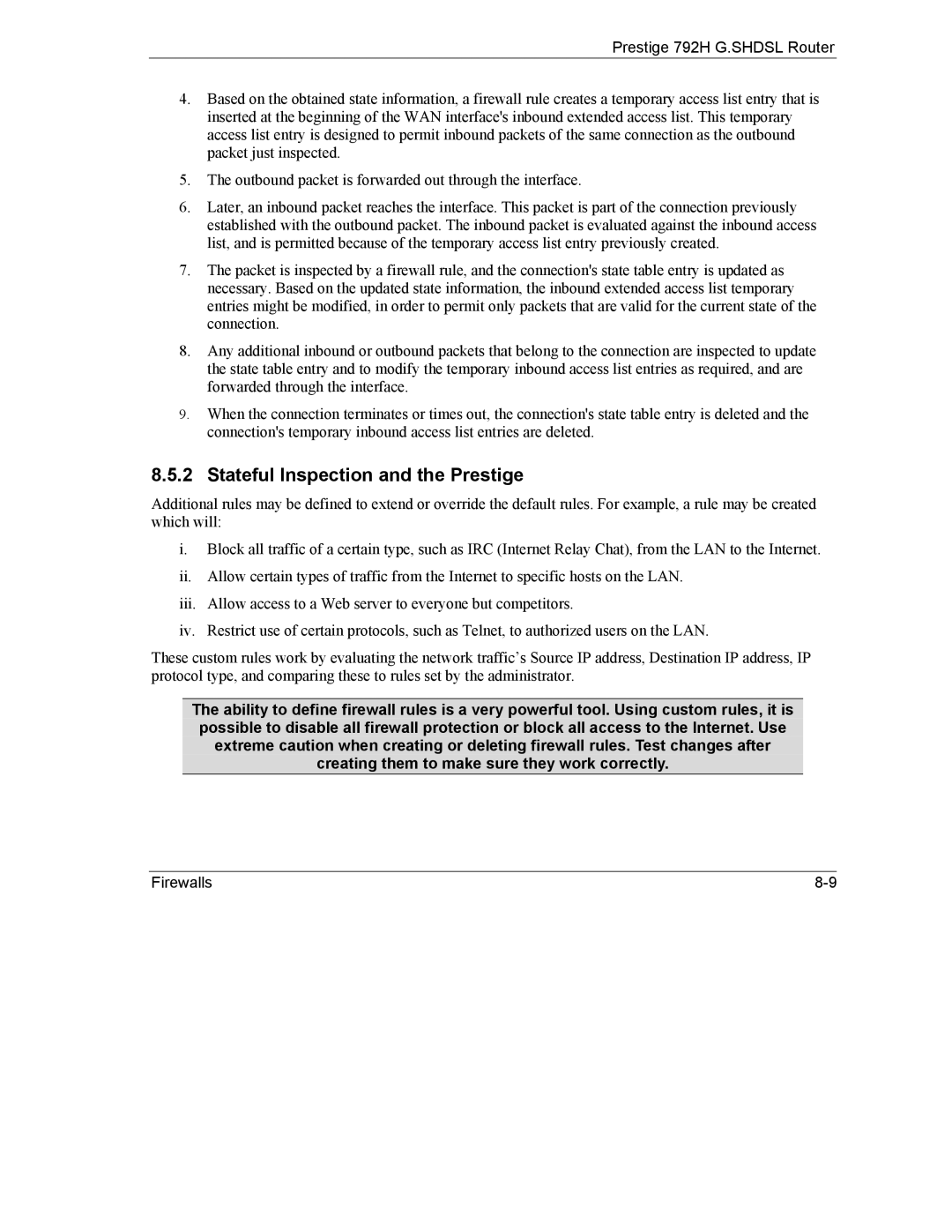 ZyXEL Communications 792H manual Stateful Inspection and the Prestige 