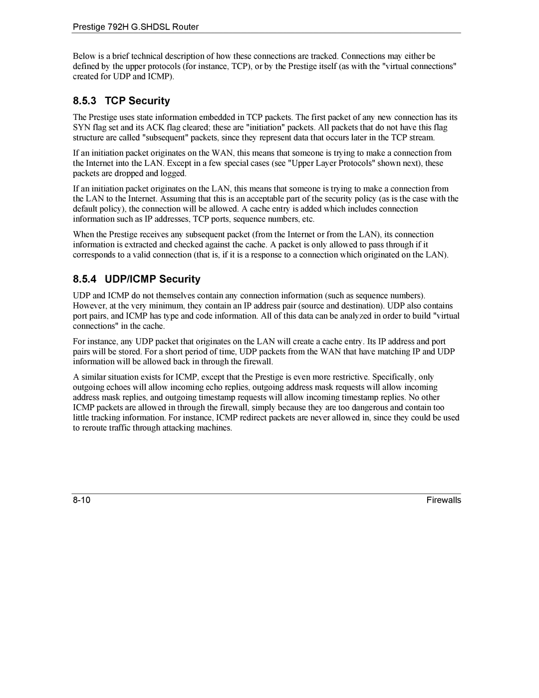 ZyXEL Communications 792H manual TCP Security, 4 UDP/ICMP Security 