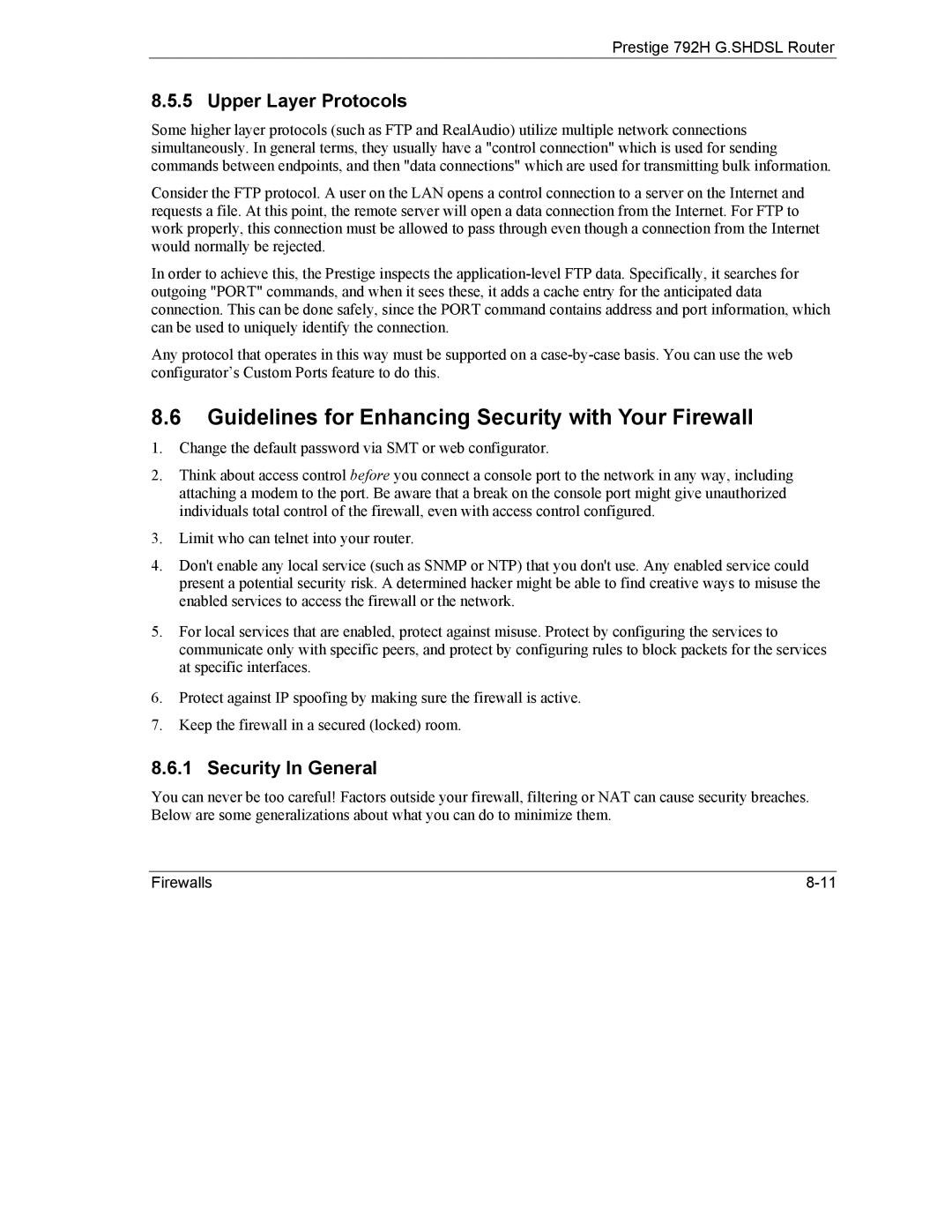 ZyXEL Communications 792H Guidelines for Enhancing Security with Your Firewall, Upper Layer Protocols, Security In General 