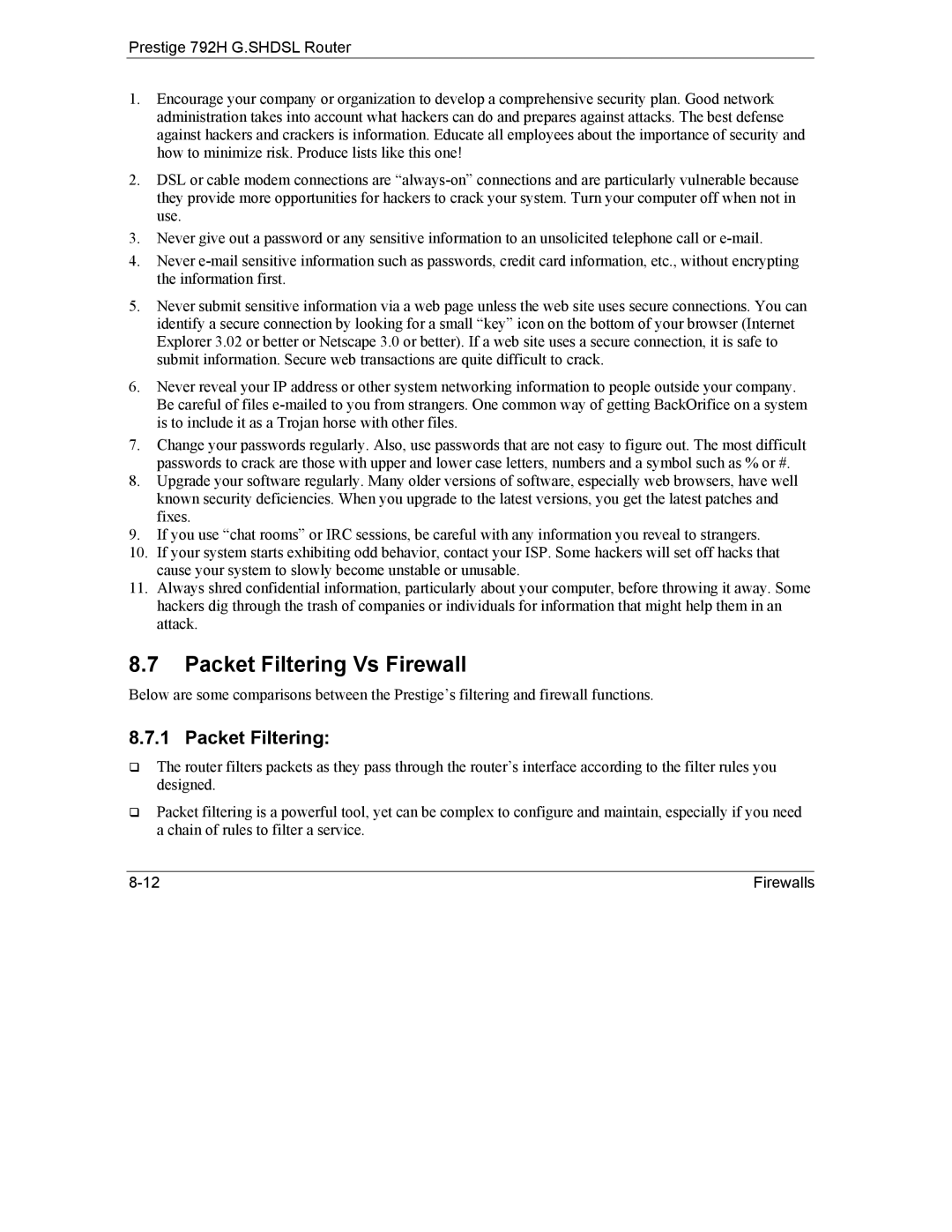 ZyXEL Communications 792H manual Packet Filtering Vs Firewall 