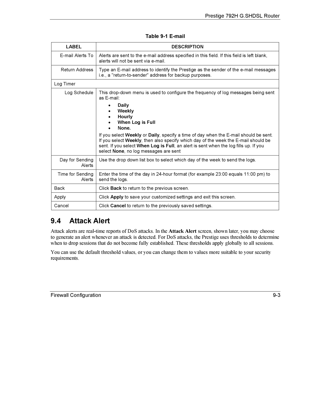 ZyXEL Communications 792H manual Attack Alert, Daily Weekly Hourly When Log is Full None 