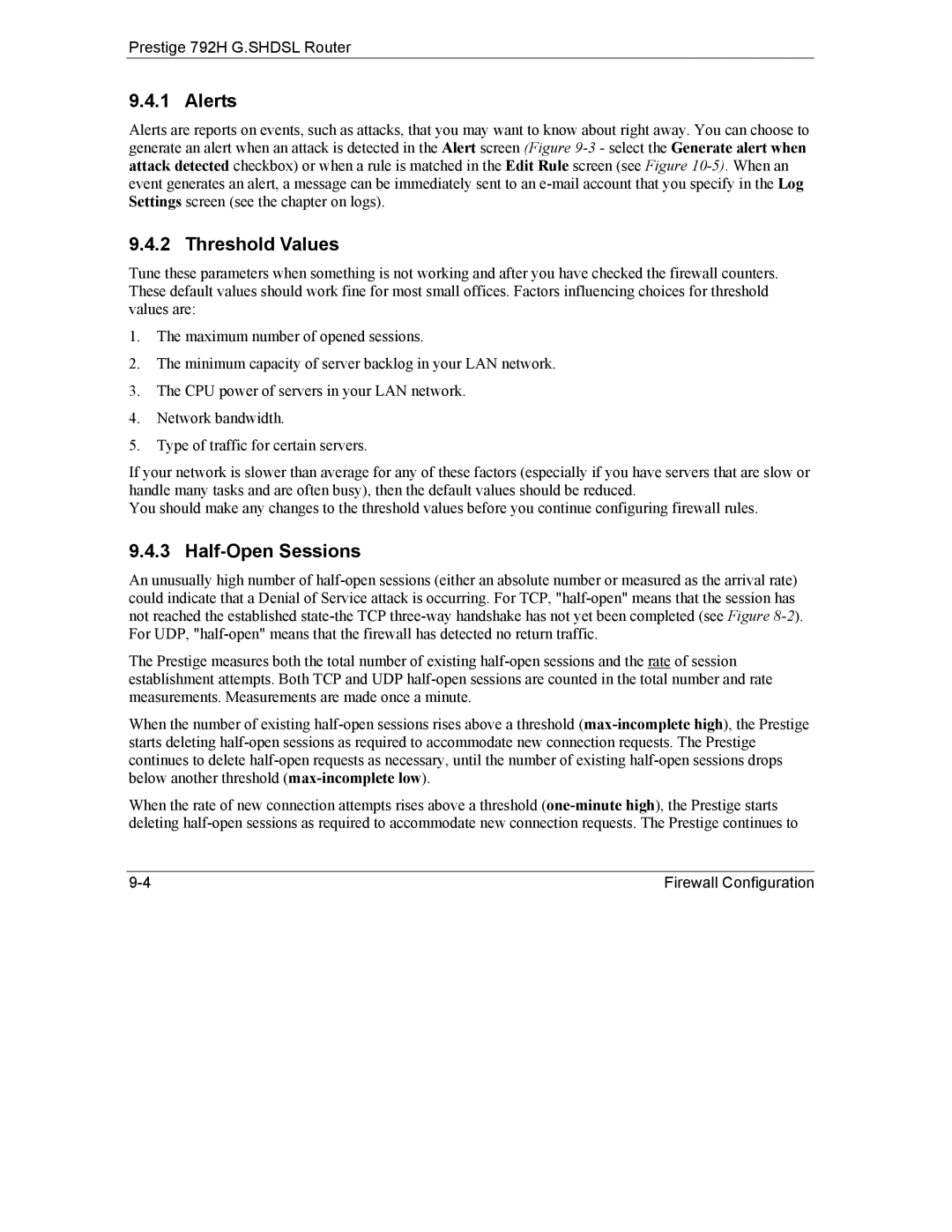 ZyXEL Communications 792H manual Alerts, Threshold Values, Half-Open Sessions 