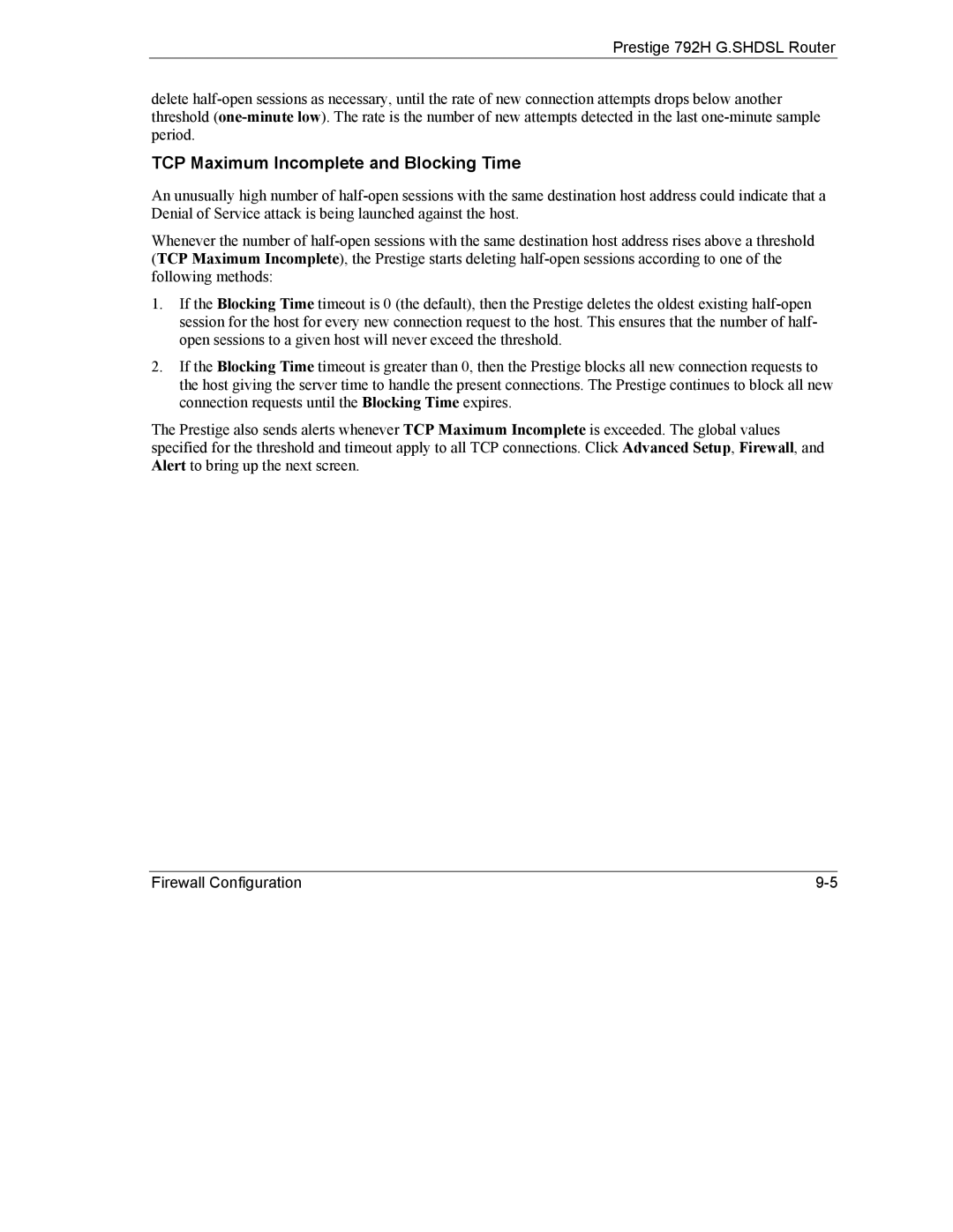 ZyXEL Communications 792H manual TCP Maximum Incomplete and Blocking Time 