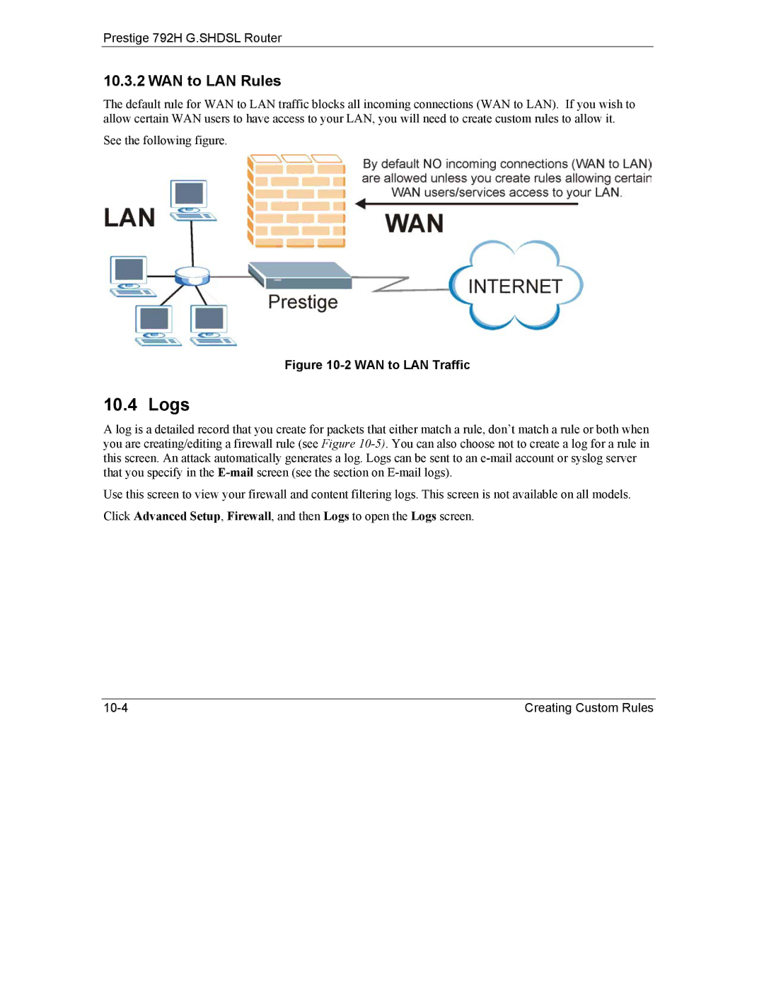 ZyXEL Communications 792H manual Logs, WAN to LAN Rules 