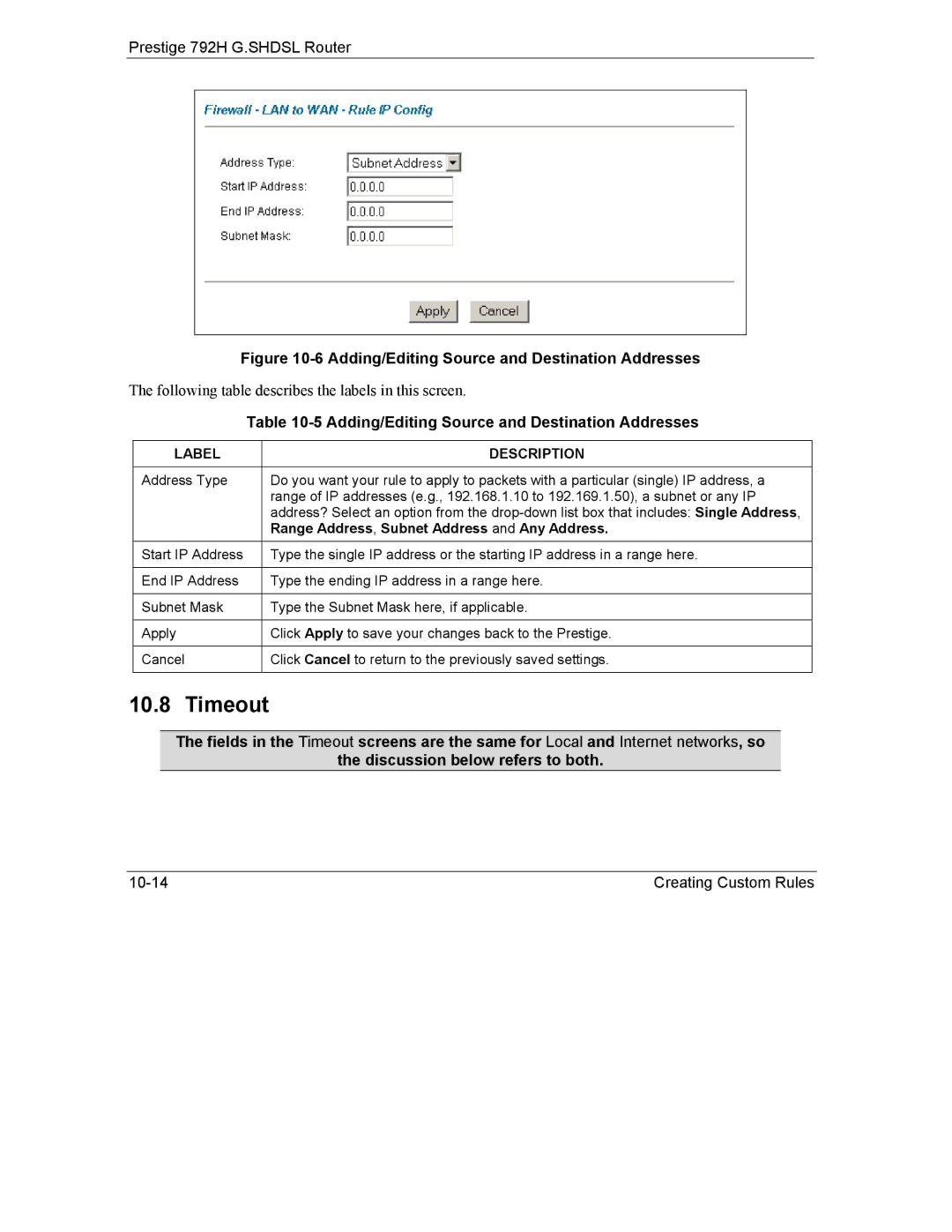 ZyXEL Communications 792H manual Timeout, Range Address , Subnet Address and Any Address 