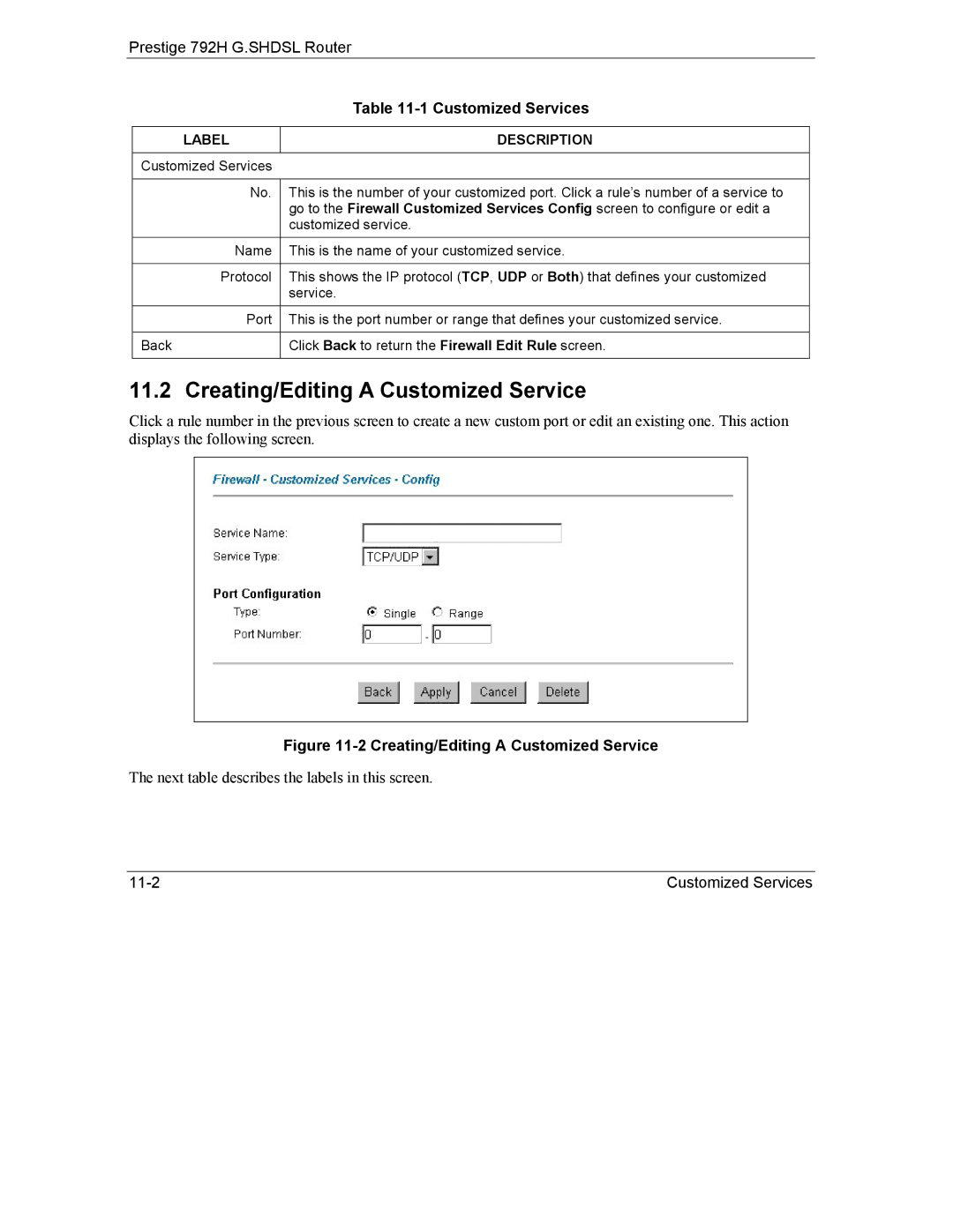 ZyXEL Communications 792H manual Creating/Editing a Customized Service 