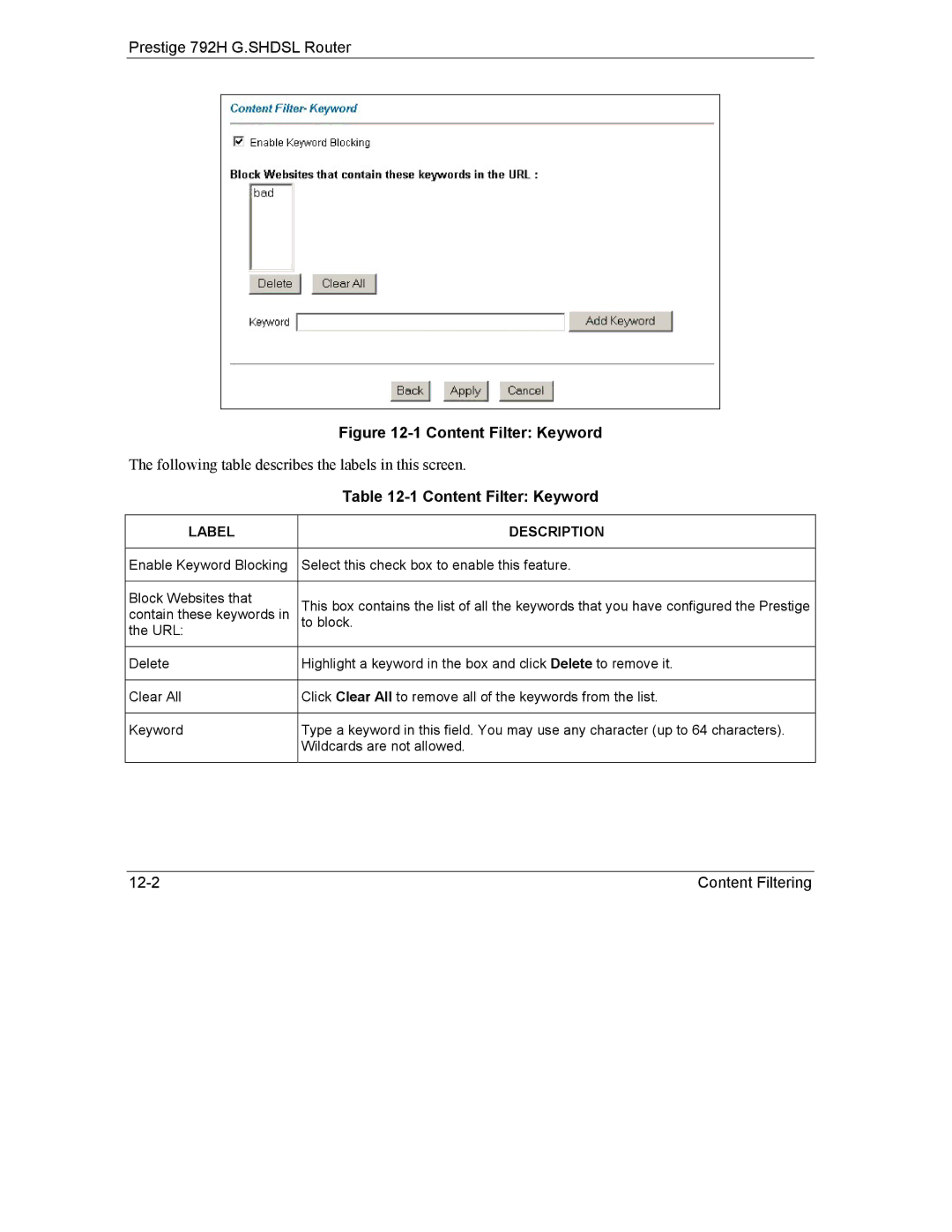 ZyXEL Communications 792H manual Content Filter Keyword 