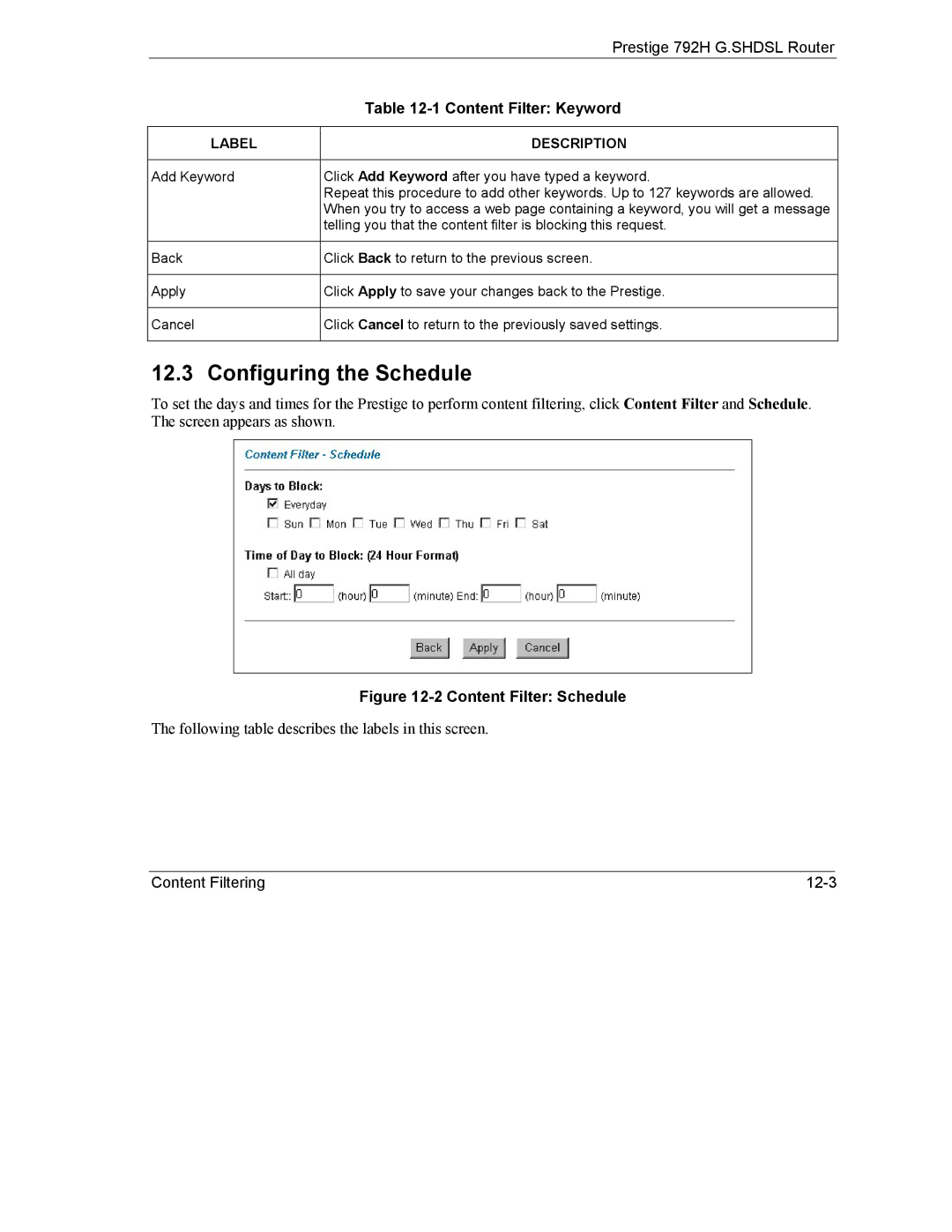 ZyXEL Communications 792H manual Configuring the Schedule, Content Filter Schedule 