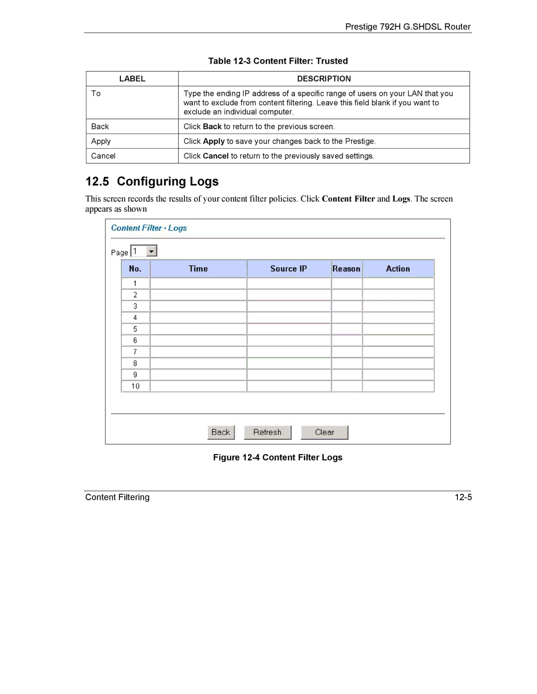 ZyXEL Communications 792H manual Configuring Logs, Content Filter Logs 