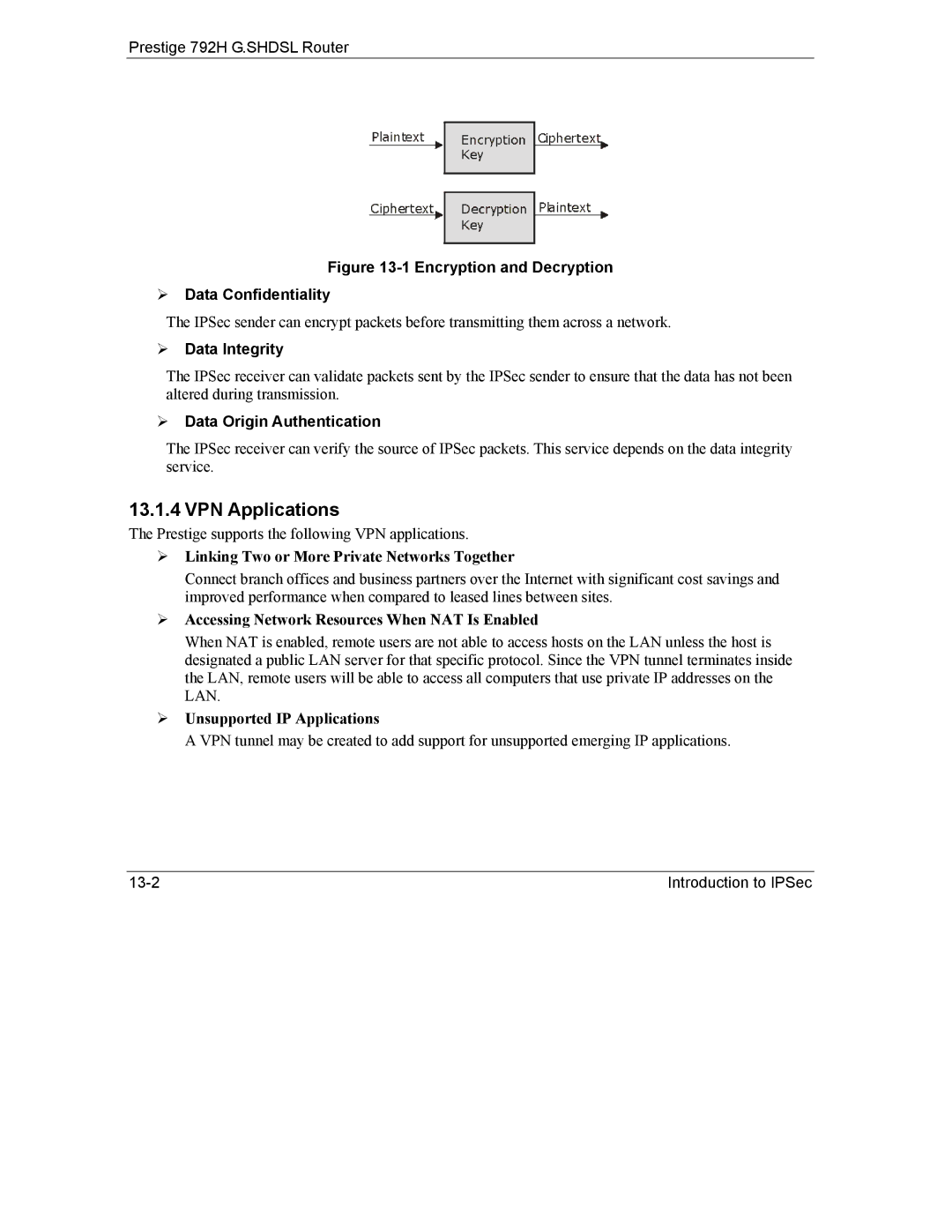 ZyXEL Communications 792H manual VPN Applications, Data Integrity, Data Origin Authentication 