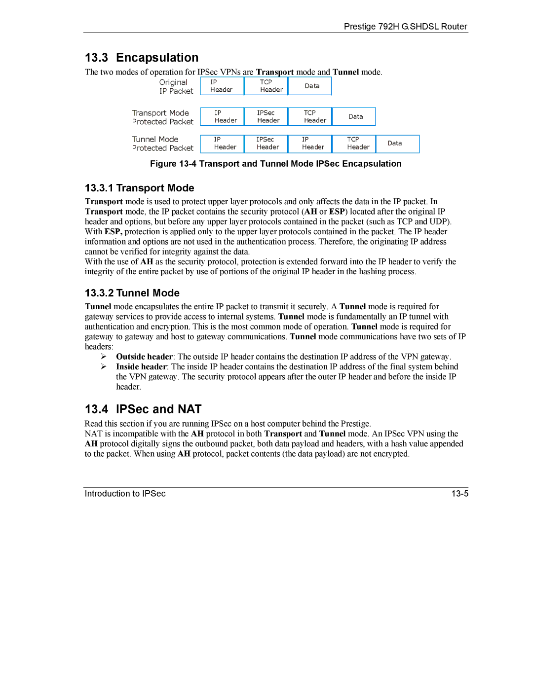 ZyXEL Communications 792H manual IPSec and NAT, Transport Mode, Tunnel Mode 