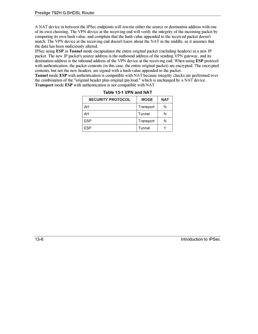 ZyXEL Communications 792H manual VPN and NAT, Security Protocol Mode NAT, Esp 