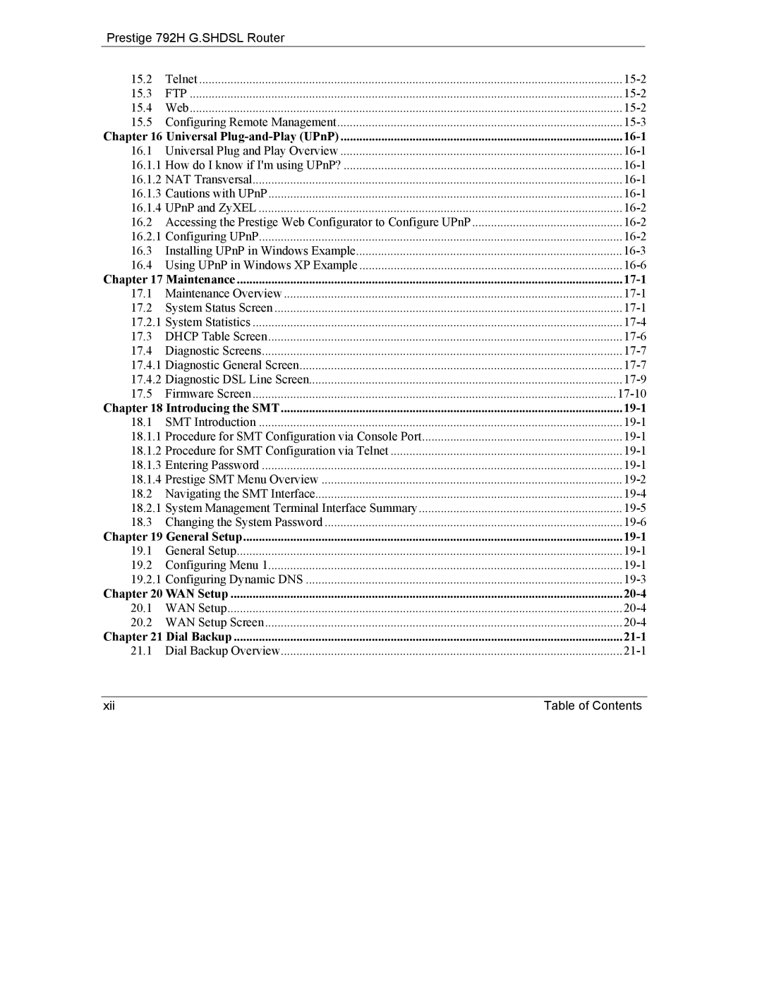 ZyXEL Communications 792H Universal Plug-and-Play UPnP 16-1, Maintenance 17-1, Introducing the SMT 19-1, WAN Setup 20-4 